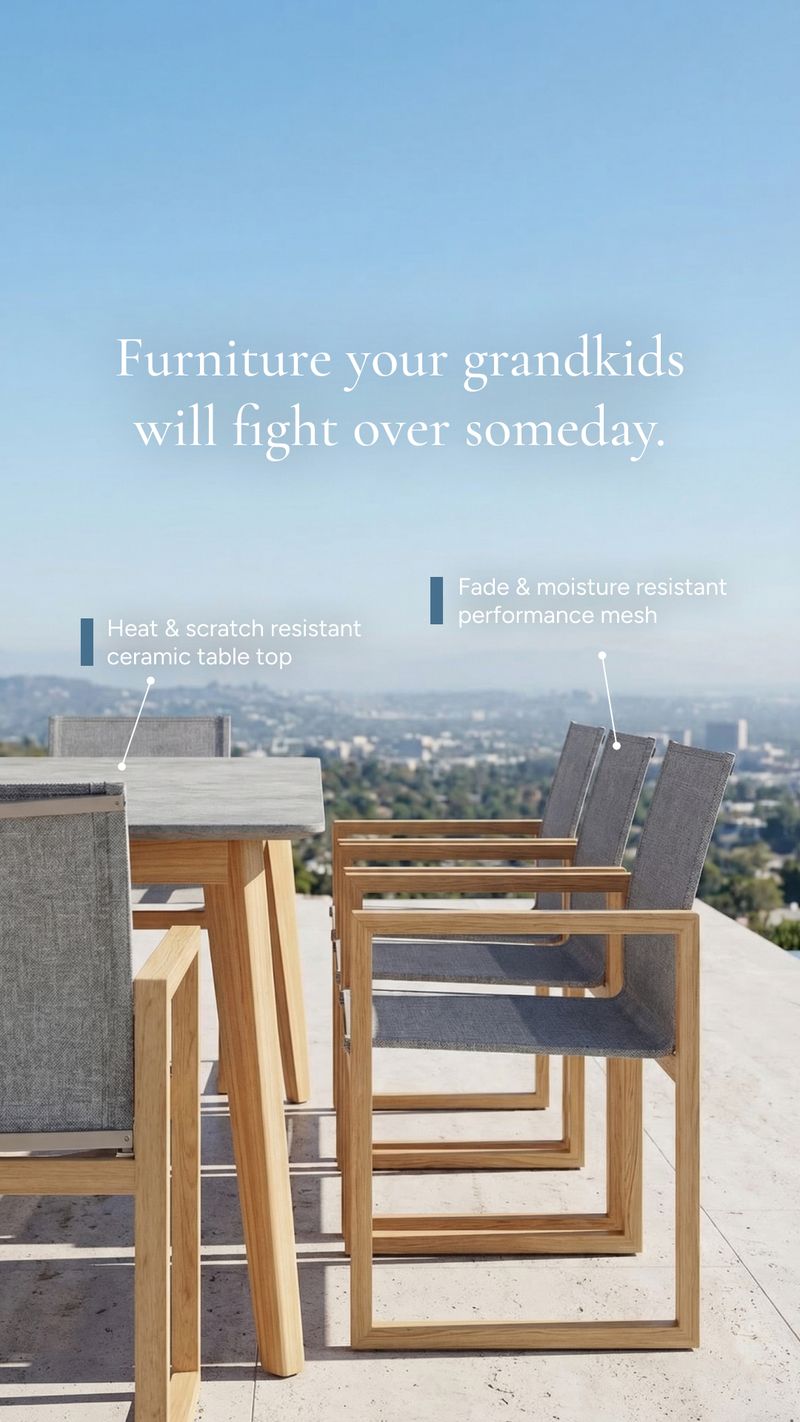A Madbury Road static ad shows an outdoor dining table and chairs overlooking a city. “Furniture your grandkids will fight over someday” appears above callouts for the ceramic tabletop and performance mesh.