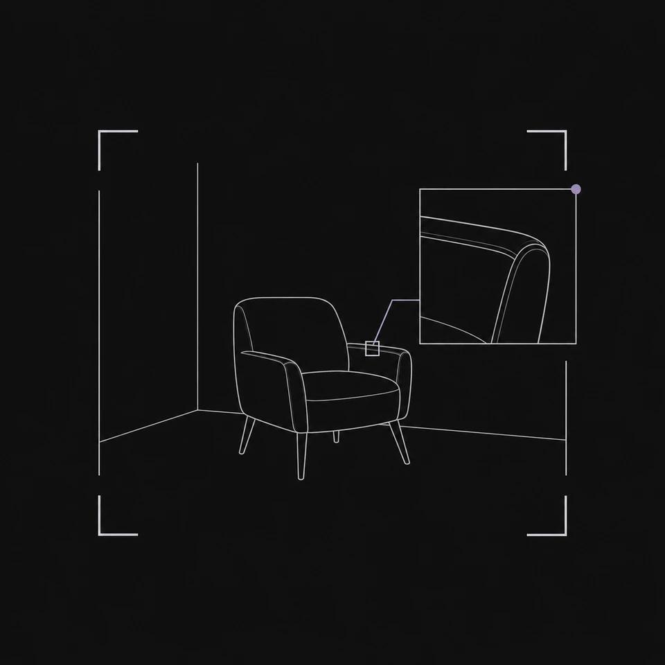 A chair placed in a room composition with a planned detail shot.