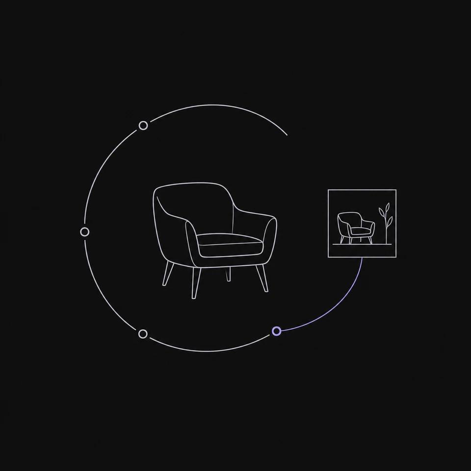 A furniture product and an ad creative connected through a looping review cycle.