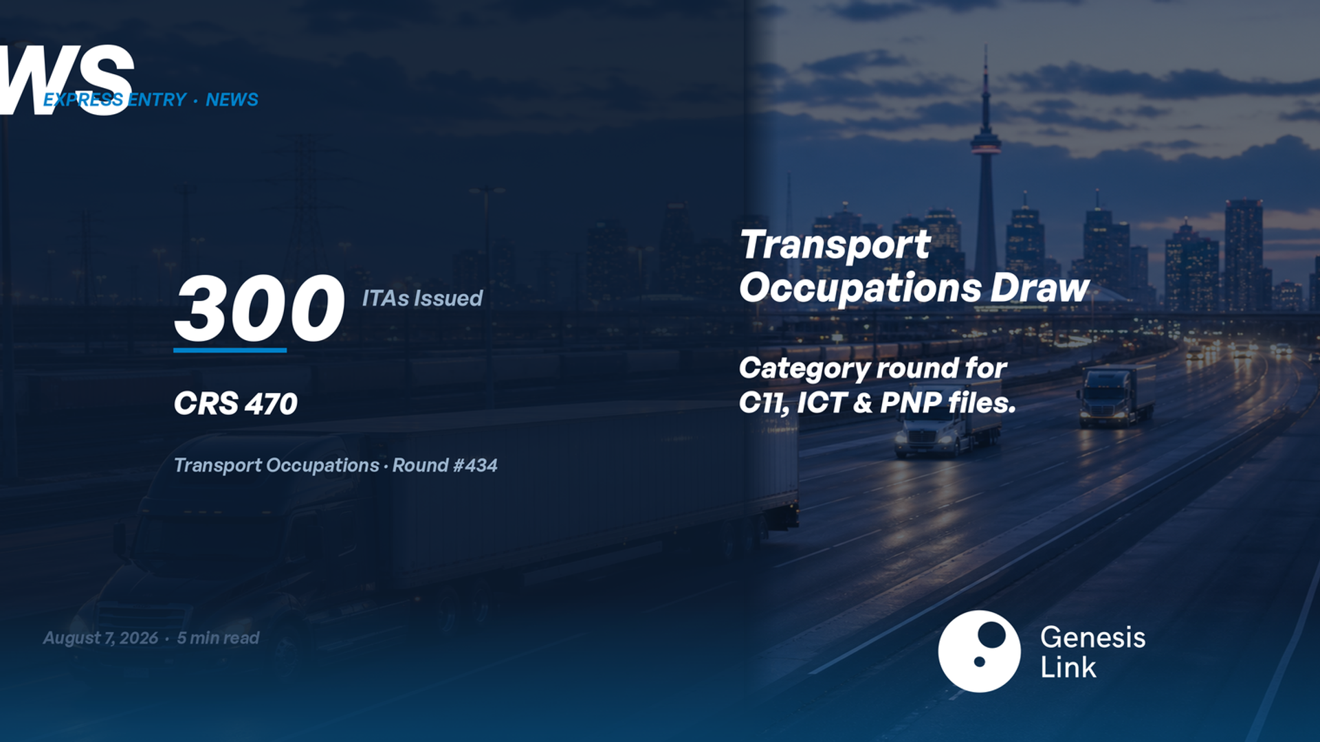 Express Entry Transport Occupations Draw August 7 2026: 300 ITAs at CRS 470