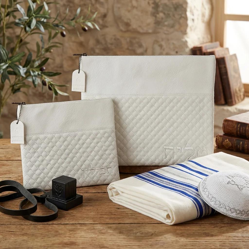 סט טלית תפילין דמוי עור עם ריקמה 36X29 ס"מ