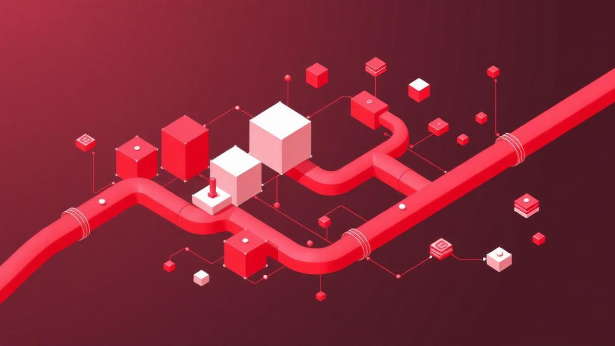 Isometric red pipeline connecting enterprise data blocks to modern web interfaces