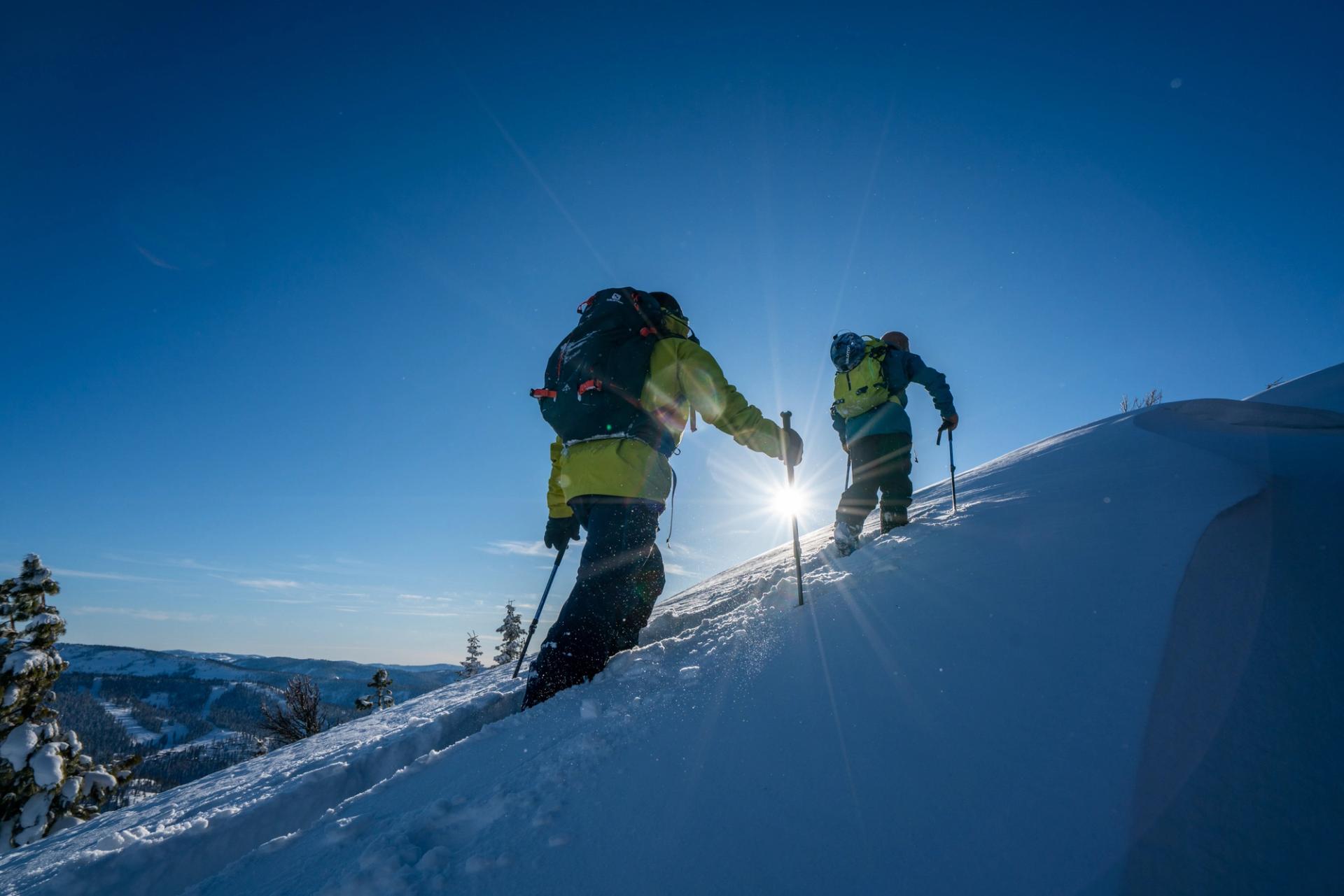 Two backcountry skiers skinning up a ridge toward the sun