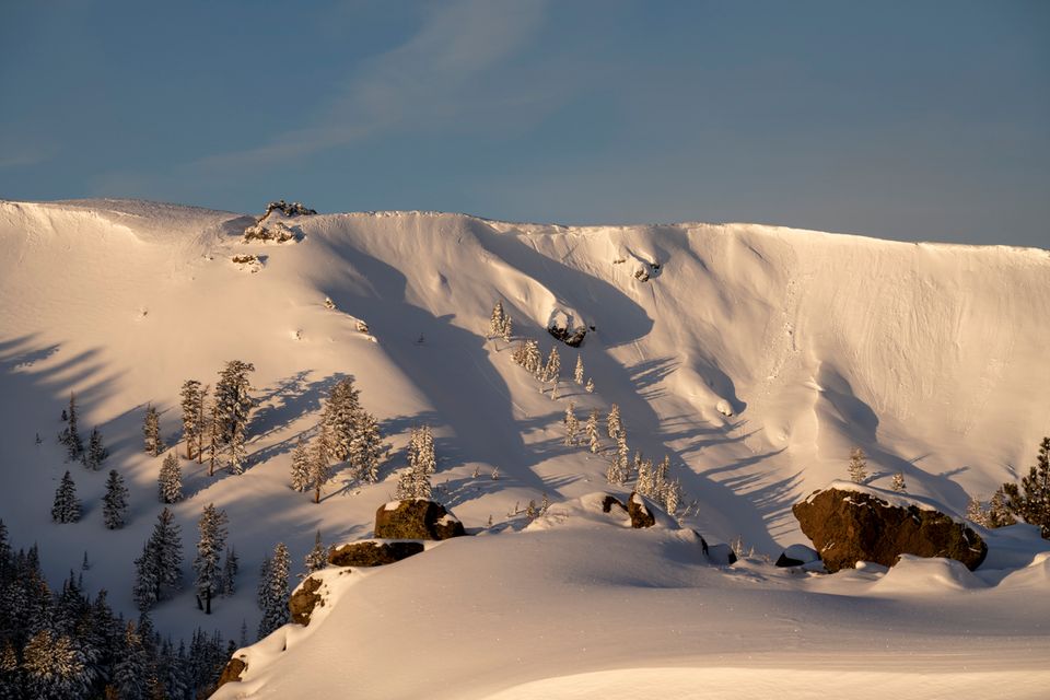 Low sun lighting wind-sculpted snow and scattered pines on a Sierra ridge