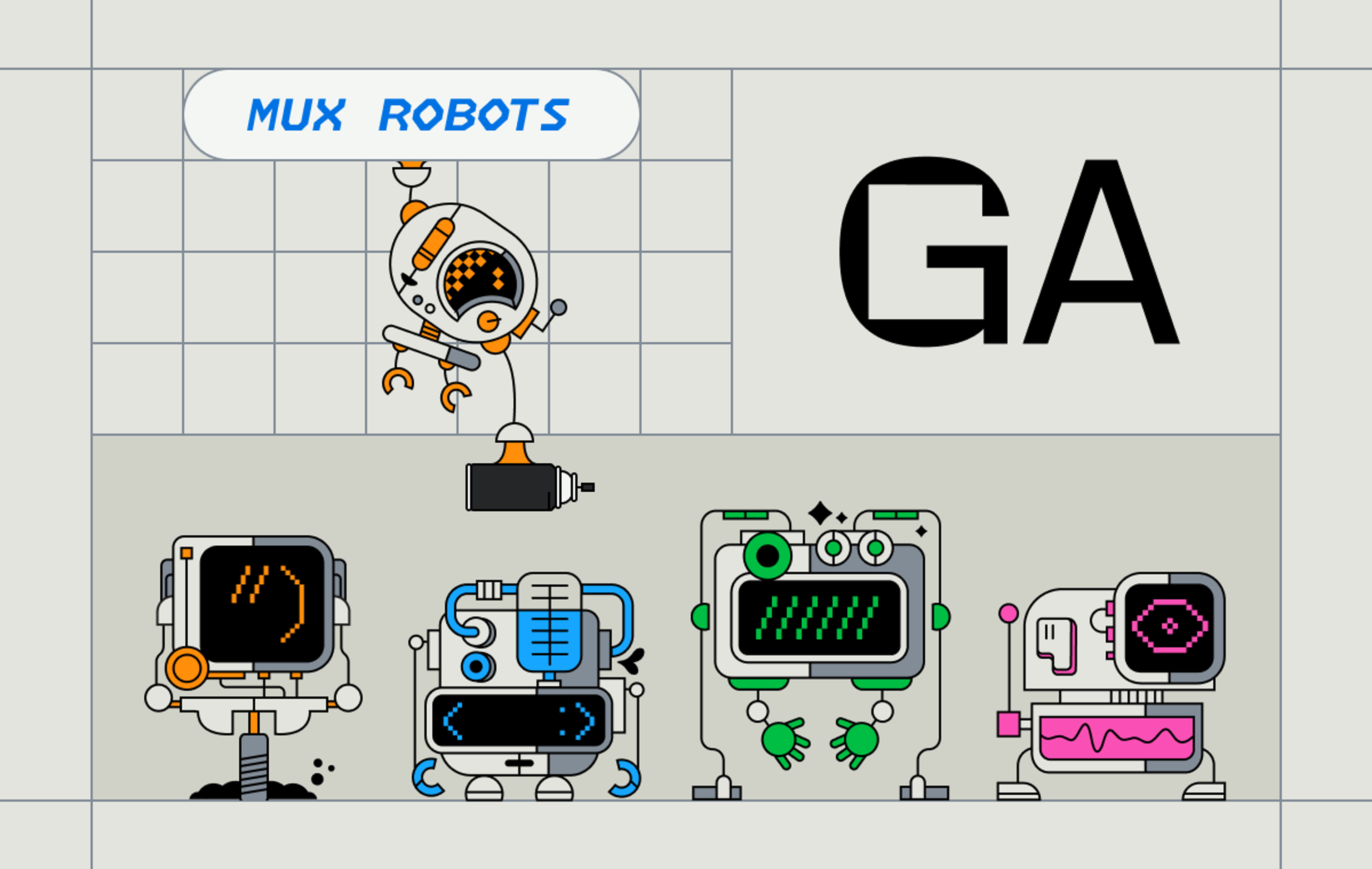 Some happy little cartoon Robots celebrating the Mux Robots GA