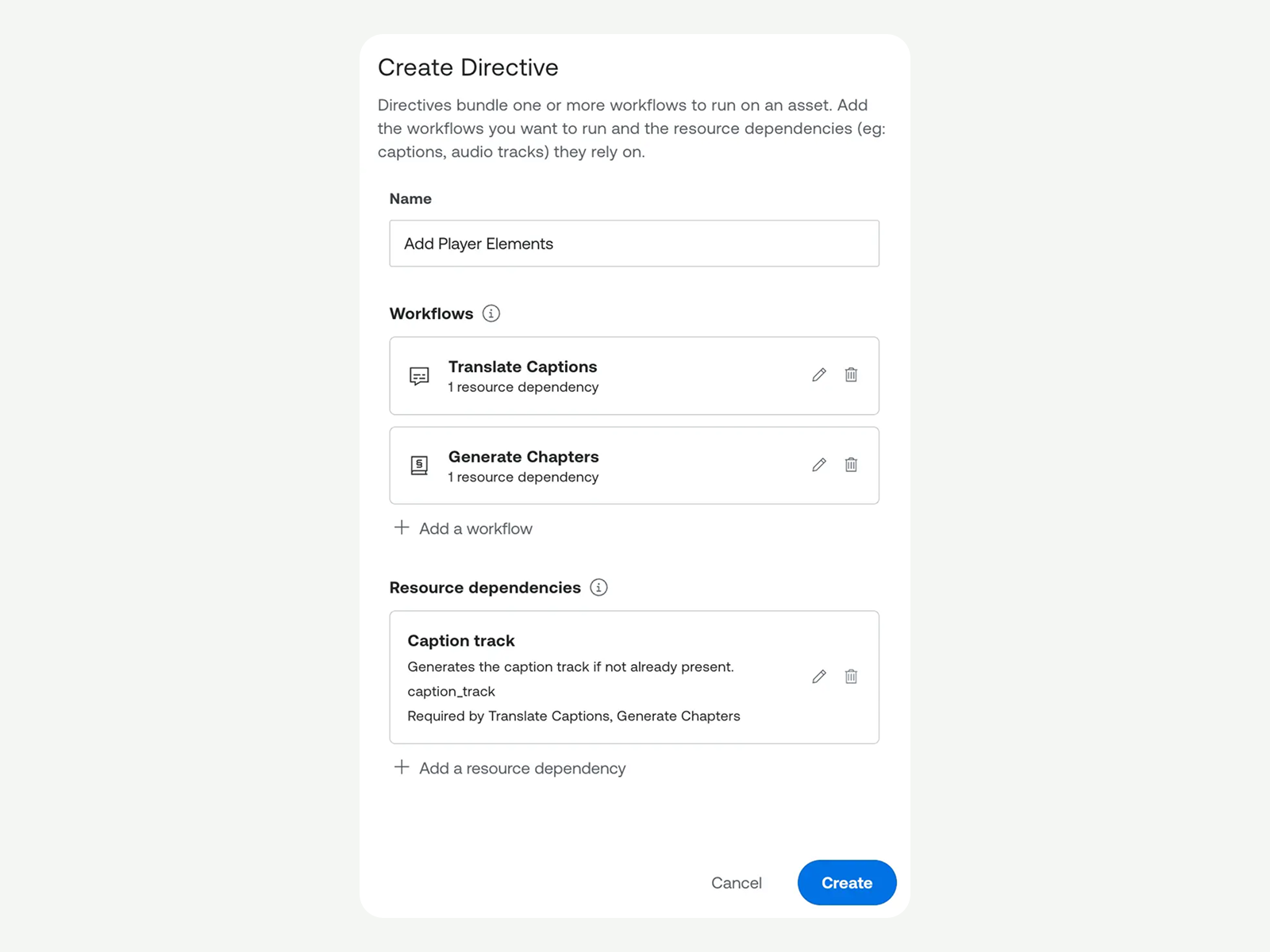 Screenshot of the "Create Directive" modal in the Mux Robots dashboard. The Name field is filled in with "Add Player Elements." The Workflows section contains two workflows: "Translate Captions" with 1 resource dependency, and "Generate Chapters" with 1 resource dependency. The Resource dependencies section shows a single "Caption track" dependency, with the description "Generates the caption track if not already present," the identifier caption_track, and a note that it is required by both Translate Captions and Generate Chapters. A Cancel button and a blue Create button appear at the bottom right.