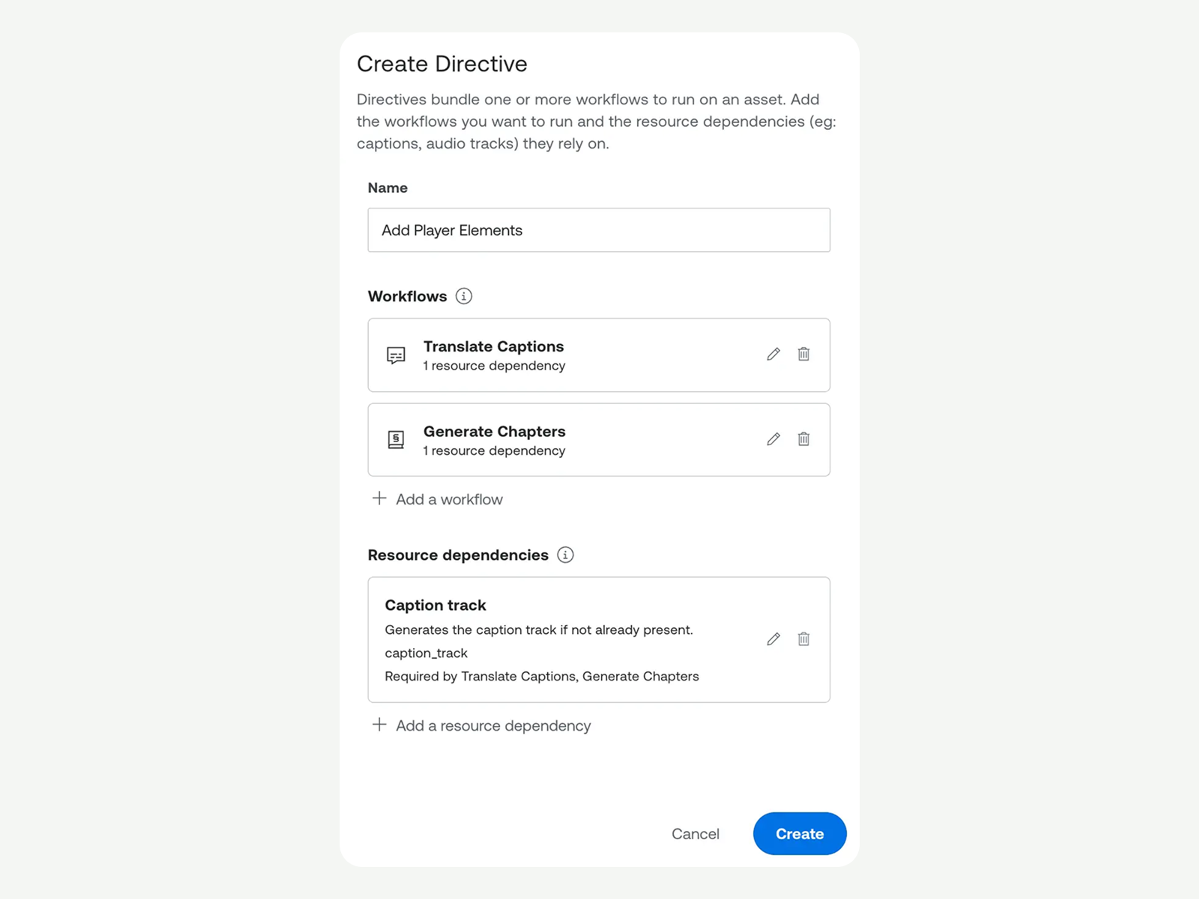 Screenshot of the "Create Directive" modal in the Mux Robots dashboard. The Name field is filled in with "Add Player Elements." The Workflows section contains two workflows: "Translate Captions" with 1 resource dependency, and "Generate Chapters" with 1 resource dependency. The Resource dependencies section shows a single "Caption track" dependency, with the description "Generates the caption track if not already present," the identifier caption_track, and a note that it is required by both Translate Captions and Generate Chapters. A Cancel button and a blue Create button appear at the bottom right.