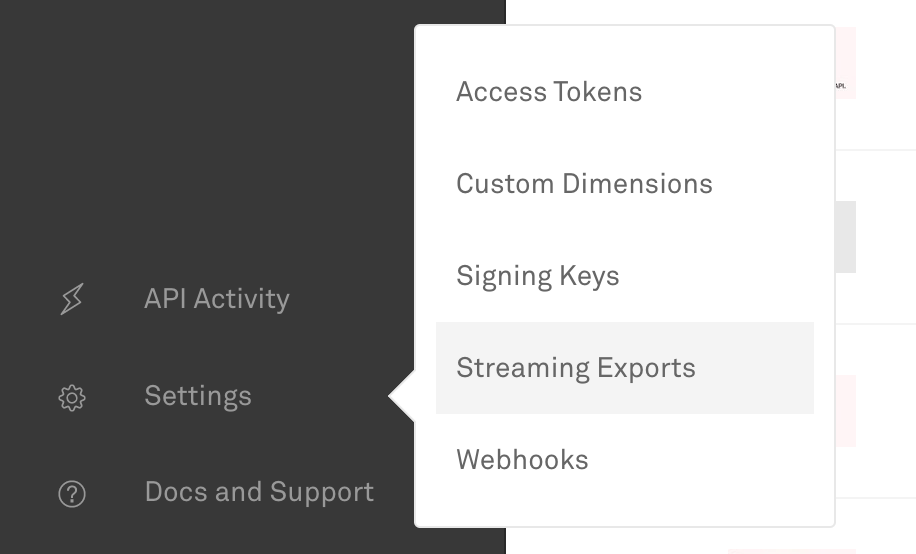 A screenshot of the Mux admin dashboard sidebar menu with the Streaming Exports entry highlighted