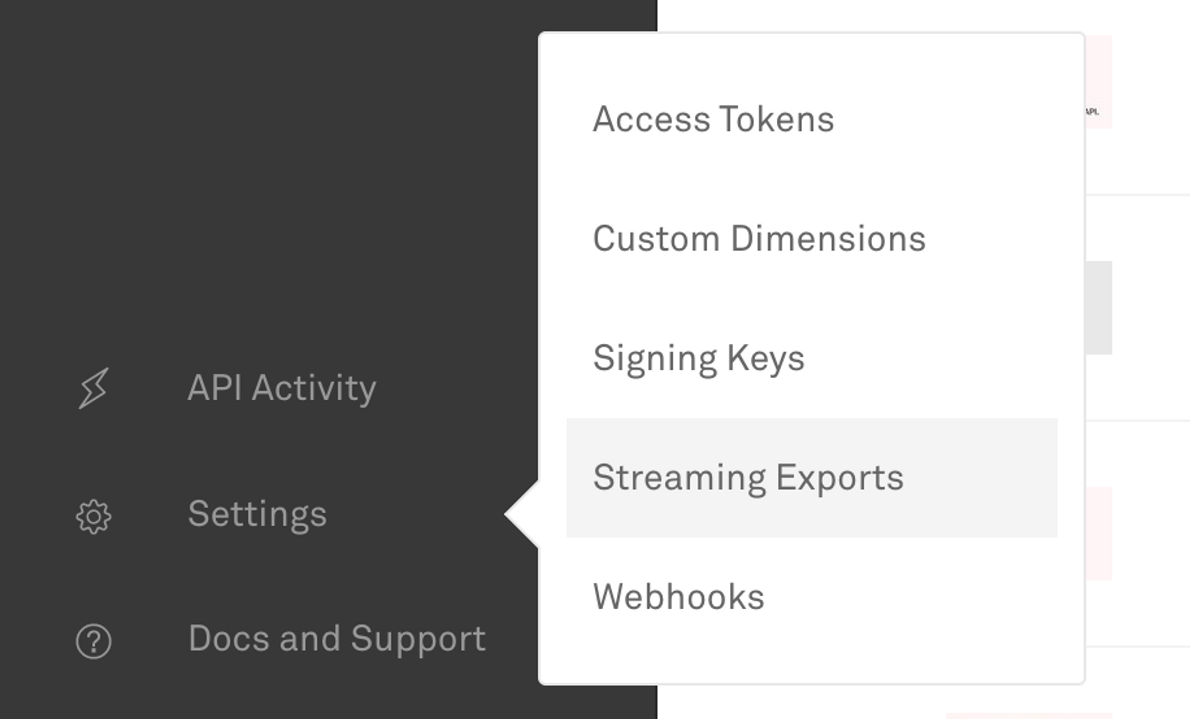 A screenshot of the Mux admin dashboard sidebar menu with the Streaming Exports entry highlighted