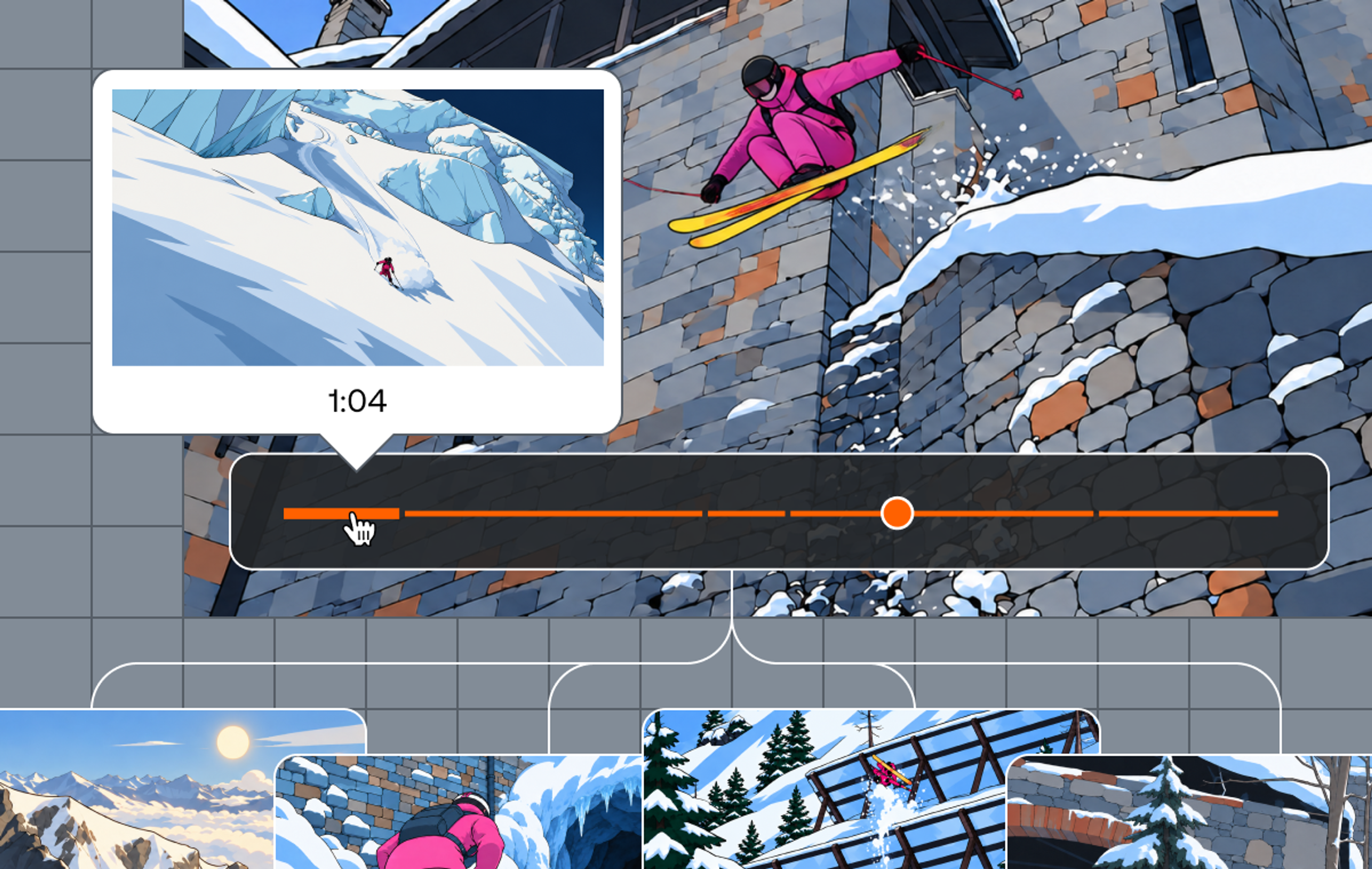 Illustrated video player showing a skier mid-jump, with a hover preview of a thumbnail at 1:04 above the scrubber and a row of scene thumbnails branching out below the timeline.