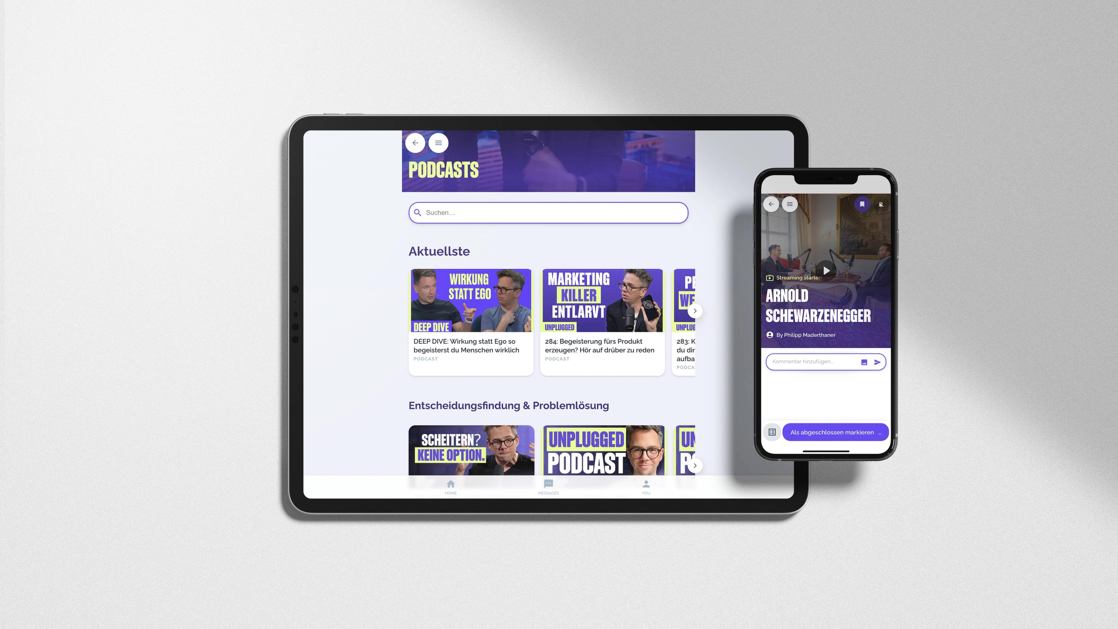 Movement's creator platform interface on tablet and mobile, showing customizable app design with video content including podcasts.