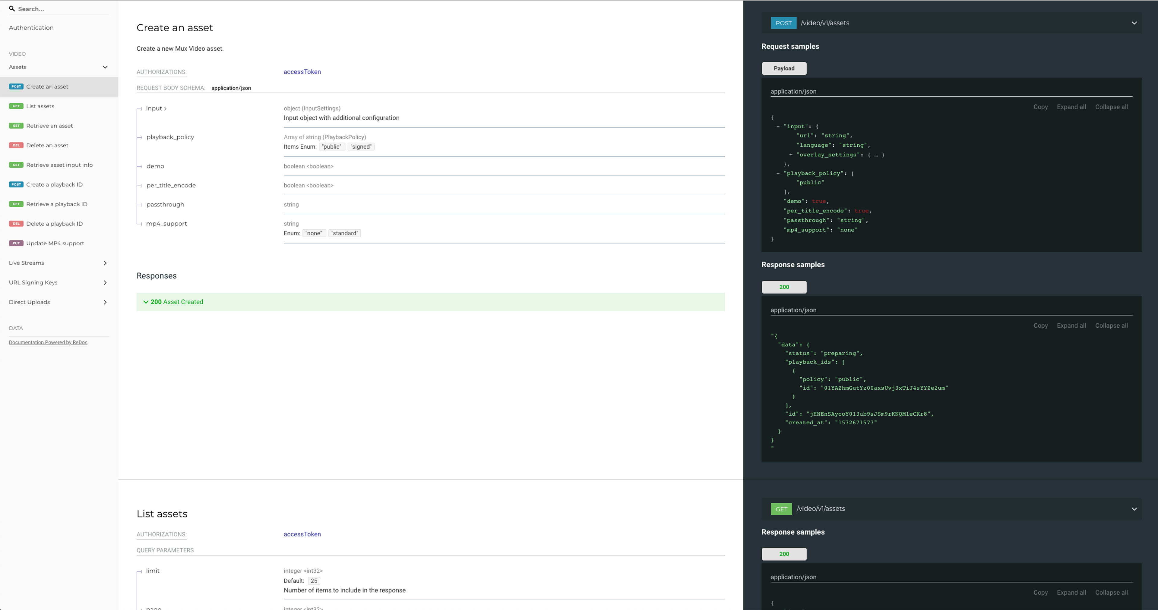 ReDoc displaying the Mux Asset API