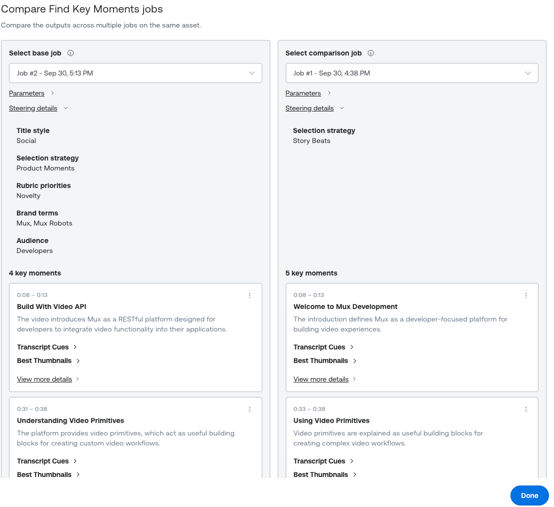 Mux Robots Playground "Compare Find Key Moments jobs" view showing two jobs on the same asset side by side. The base job uses steering parameters (Social title style, Product Moments selection strategy, Novelty rubric priority, brand terms Mux and Mux Robots, Developers audience) and returns 4 key moments. The comparison job uses only a Story Beats selection strategy and returns 5. Matching moments get different titles, such as "Build With Video API" versus "Welcome to Mux Development."