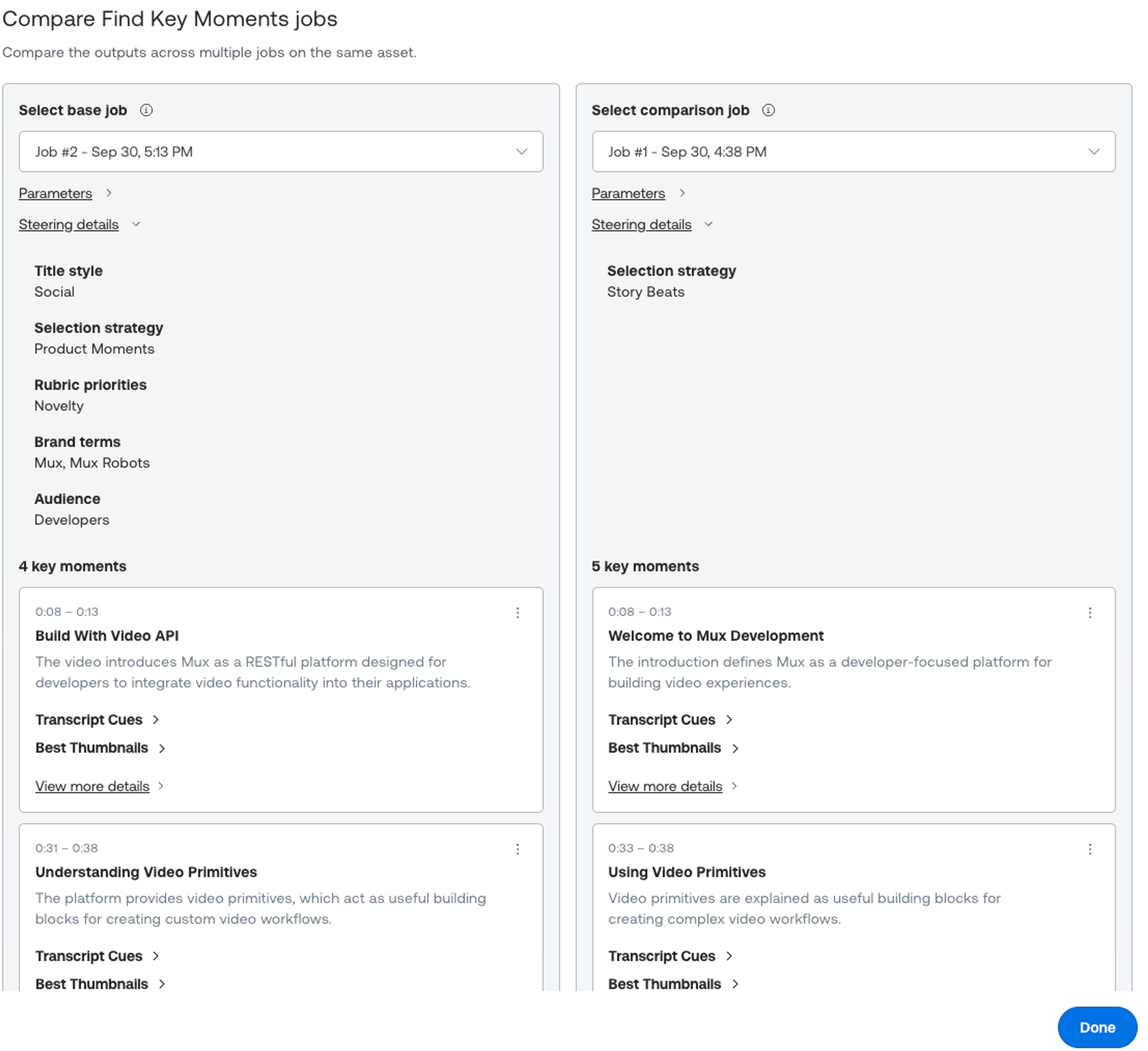 Mux Robots Playground "Compare Find Key Moments jobs" view showing two jobs on the same asset side by side. The base job uses steering parameters (Social title style, Product Moments selection strategy, Novelty rubric priority, brand terms Mux and Mux Robots, Developers audience) and returns 4 key moments. The comparison job uses only a Story Beats selection strategy and returns 5. Matching moments get different titles, such as "Build With Video API" versus "Welcome to Mux Development."