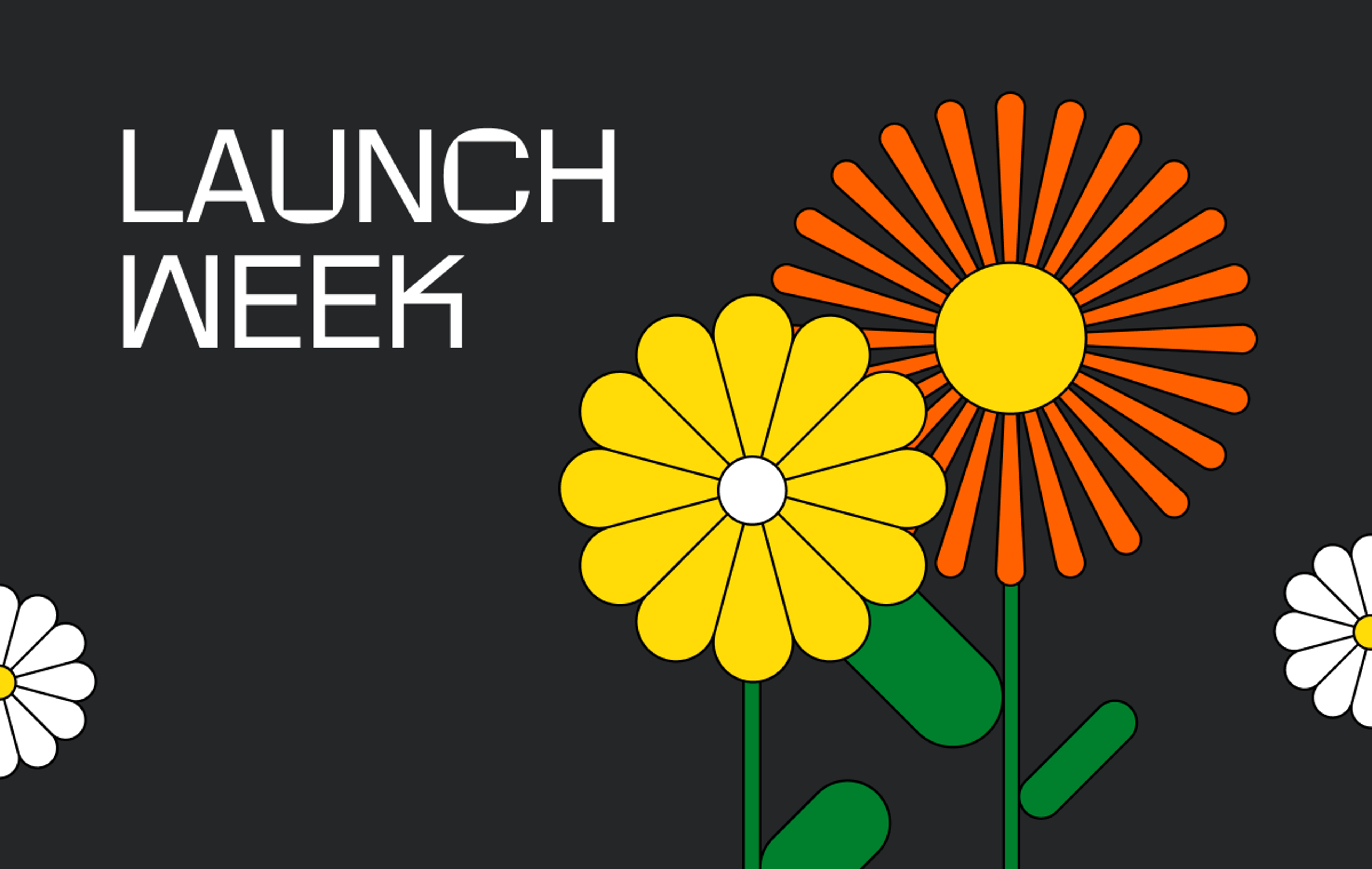 A graphic image with a black background featuring stylized flowers in bold colors, one in yellow and one in red, both with large circular centers. The text 'SPRING 2024 LAUNCH WEEK' is prominently displayed above the flowers. The Mux logo is displayed in the bottom left corner.
