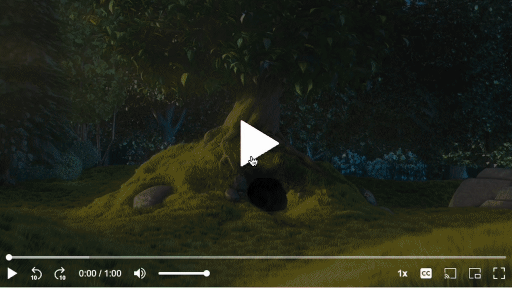 a gif showcasing the behavior of controls overlaying captions, with the player playing Big Buck Bunny
