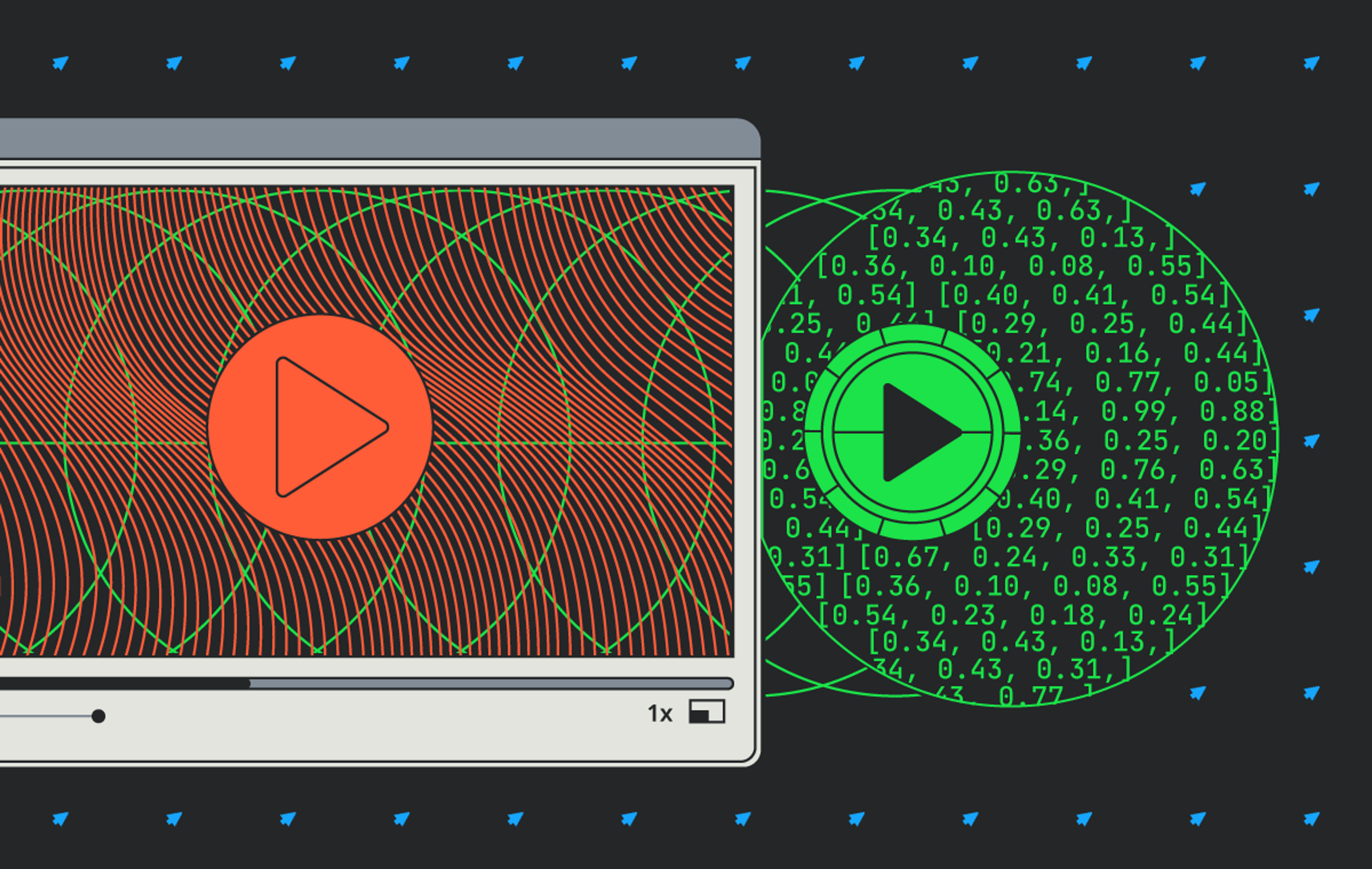 Illustration of a video player transforming into a matrix of numerical arrays, representing video as machine-readable data