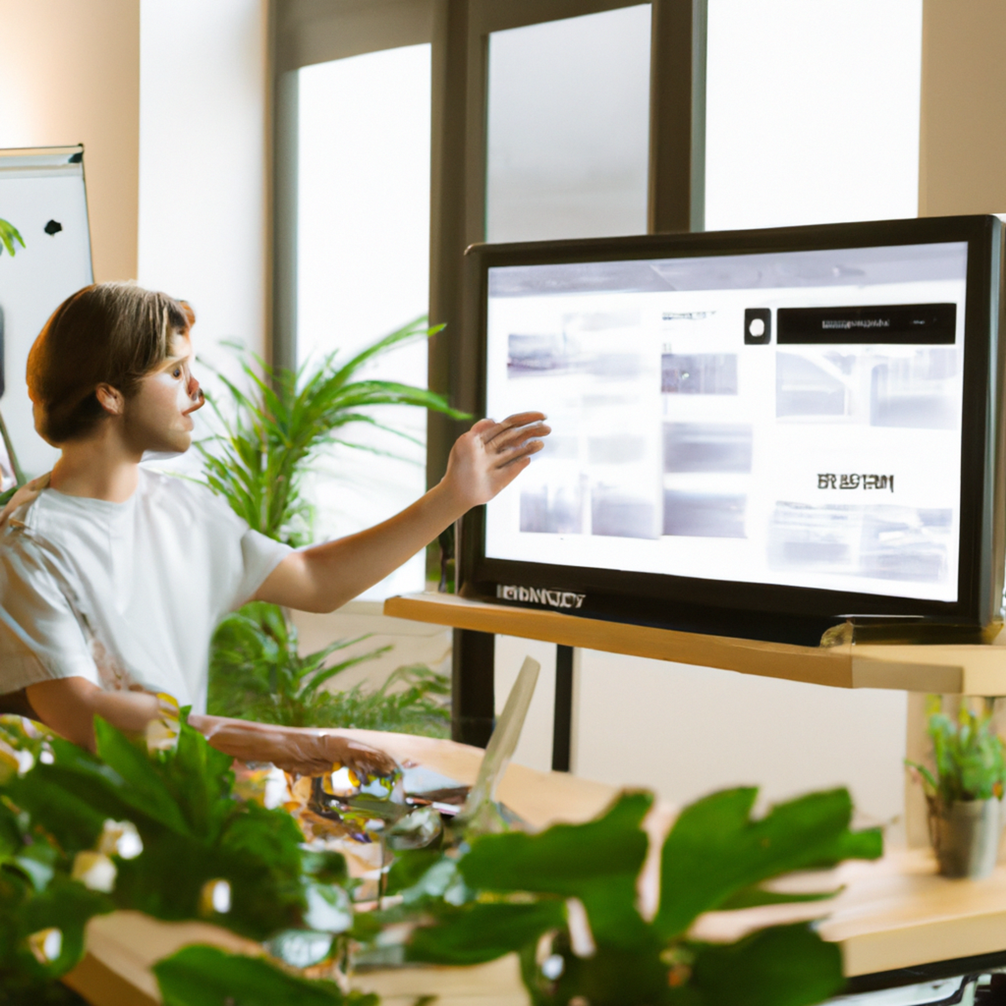 An AI-generated image of a white man working on a computer. He sits in a well-lit office surrounded by green plants. The details are smudged, it's clearly not a real photo.