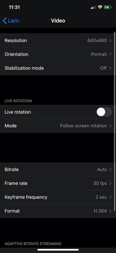 Larix Broadcaster settings