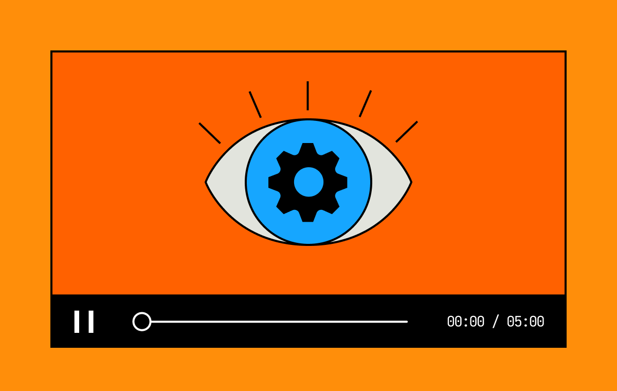 On an orange background, a video player with an eye in the middle.