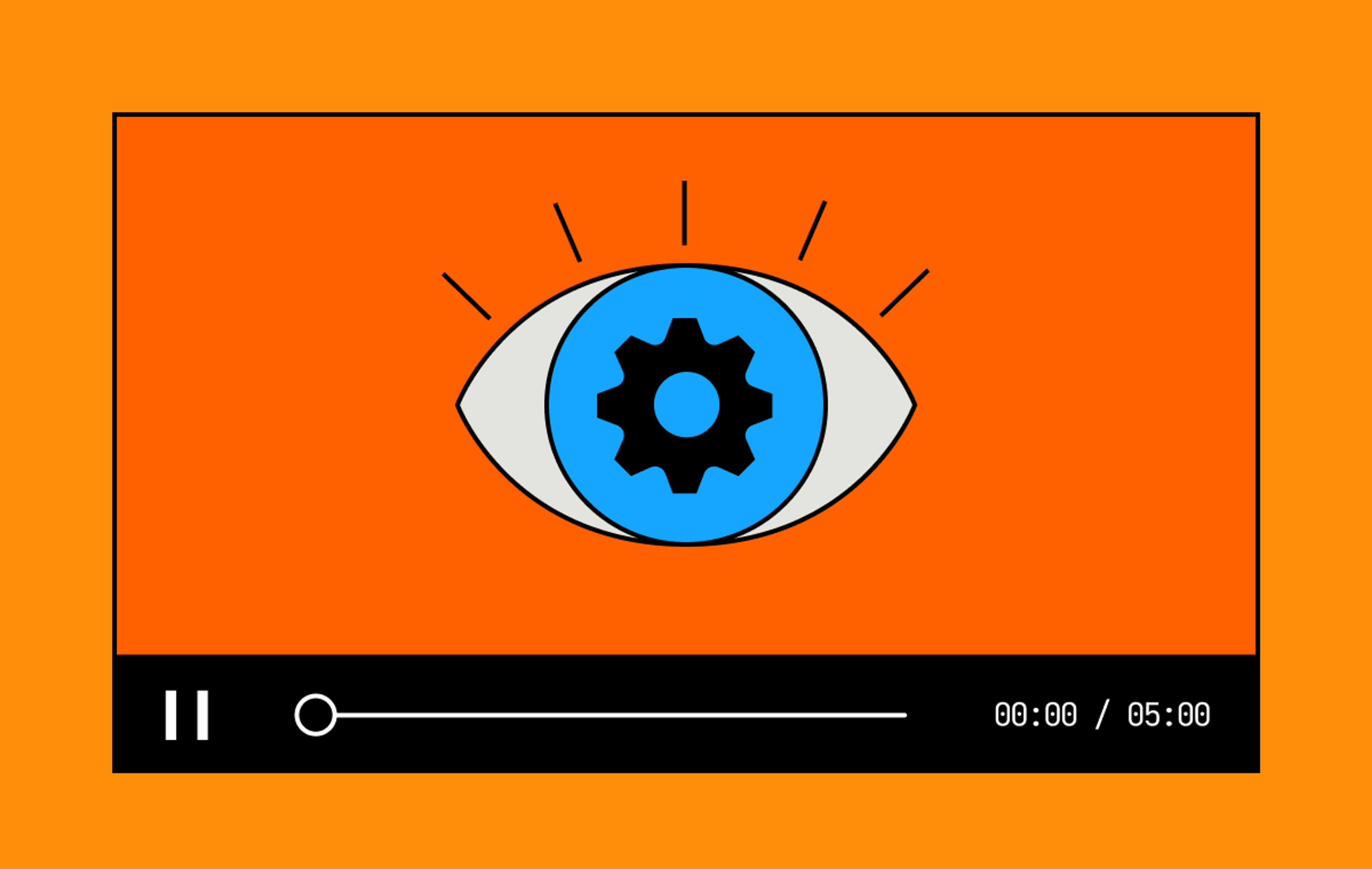 On an orange background, a video player with an eye in the middle. 
