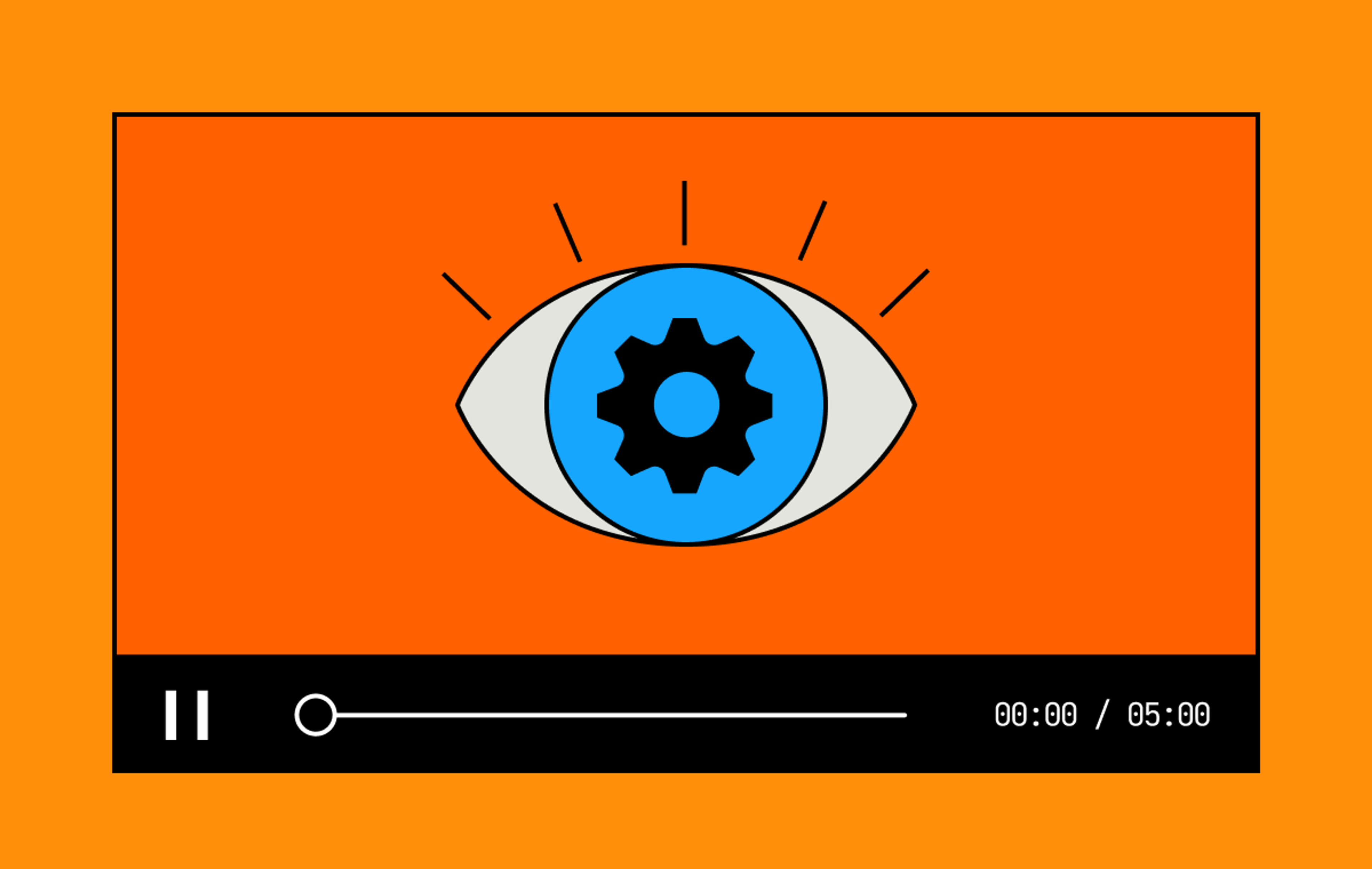 On an orange background, a video player with an eye in the middle.