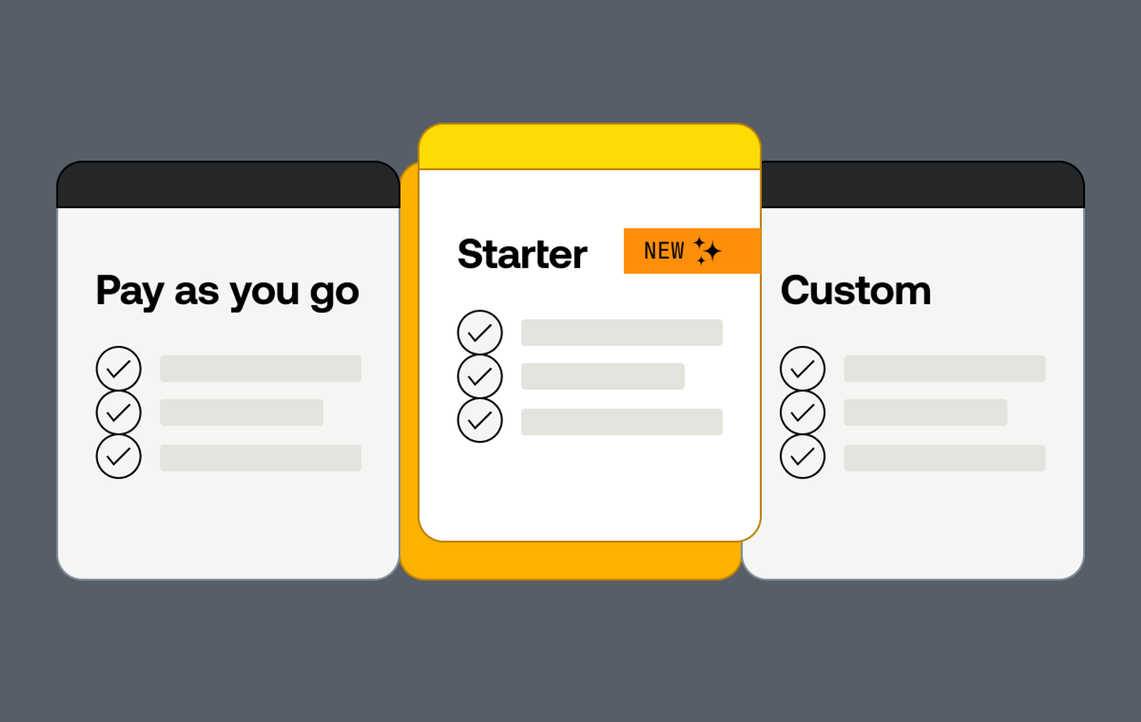 Three cards side by side representing Mux pricing plans. The read: Pay as you go, Starter with the word new beside it, and Custom. Below each title are 3 checkmarks.