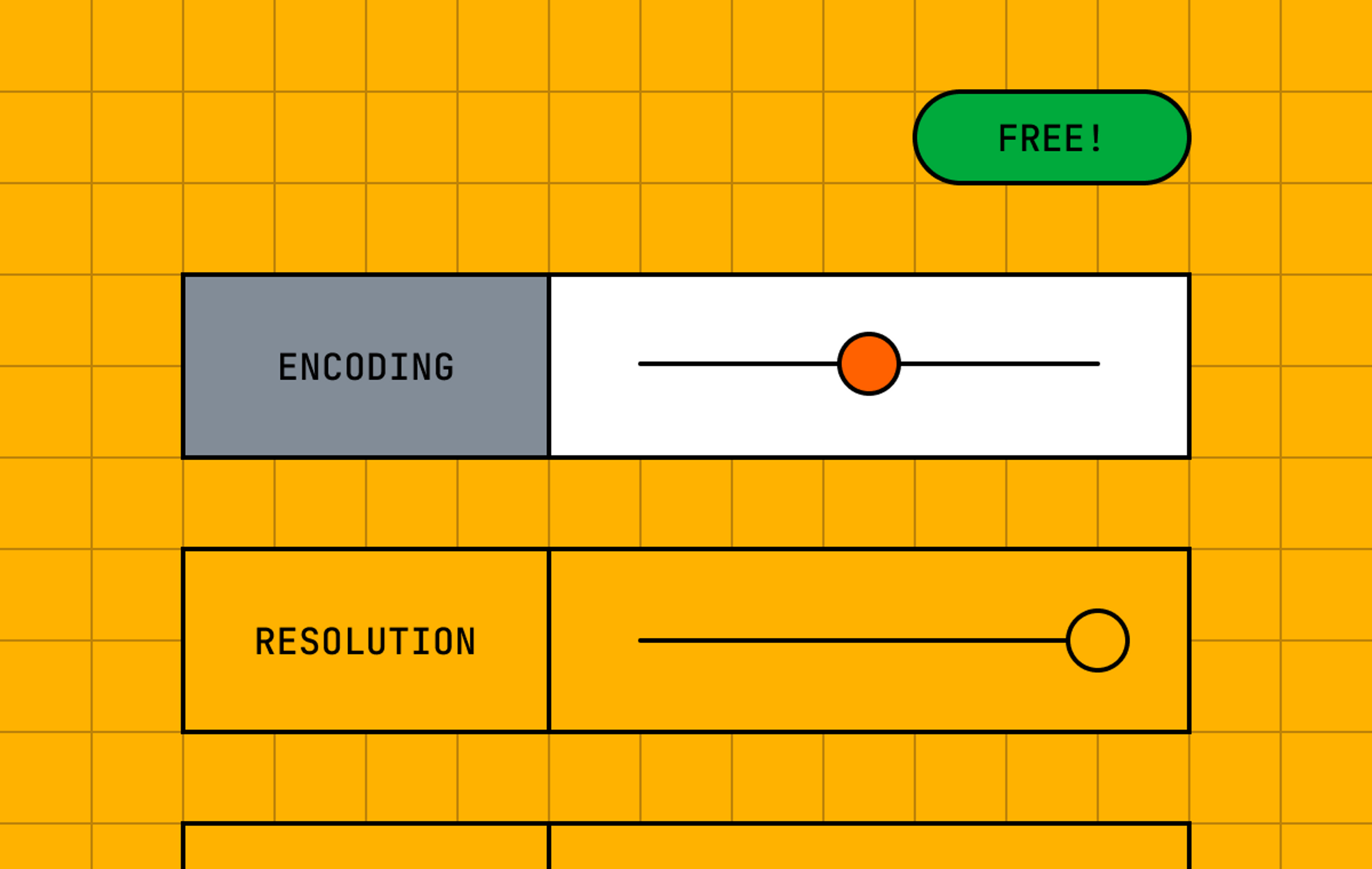 On a yellow background, there's a button that reads "Free!" And two images depicting levers, one with "Encoding" set to the middle and "Resolution" set to max.