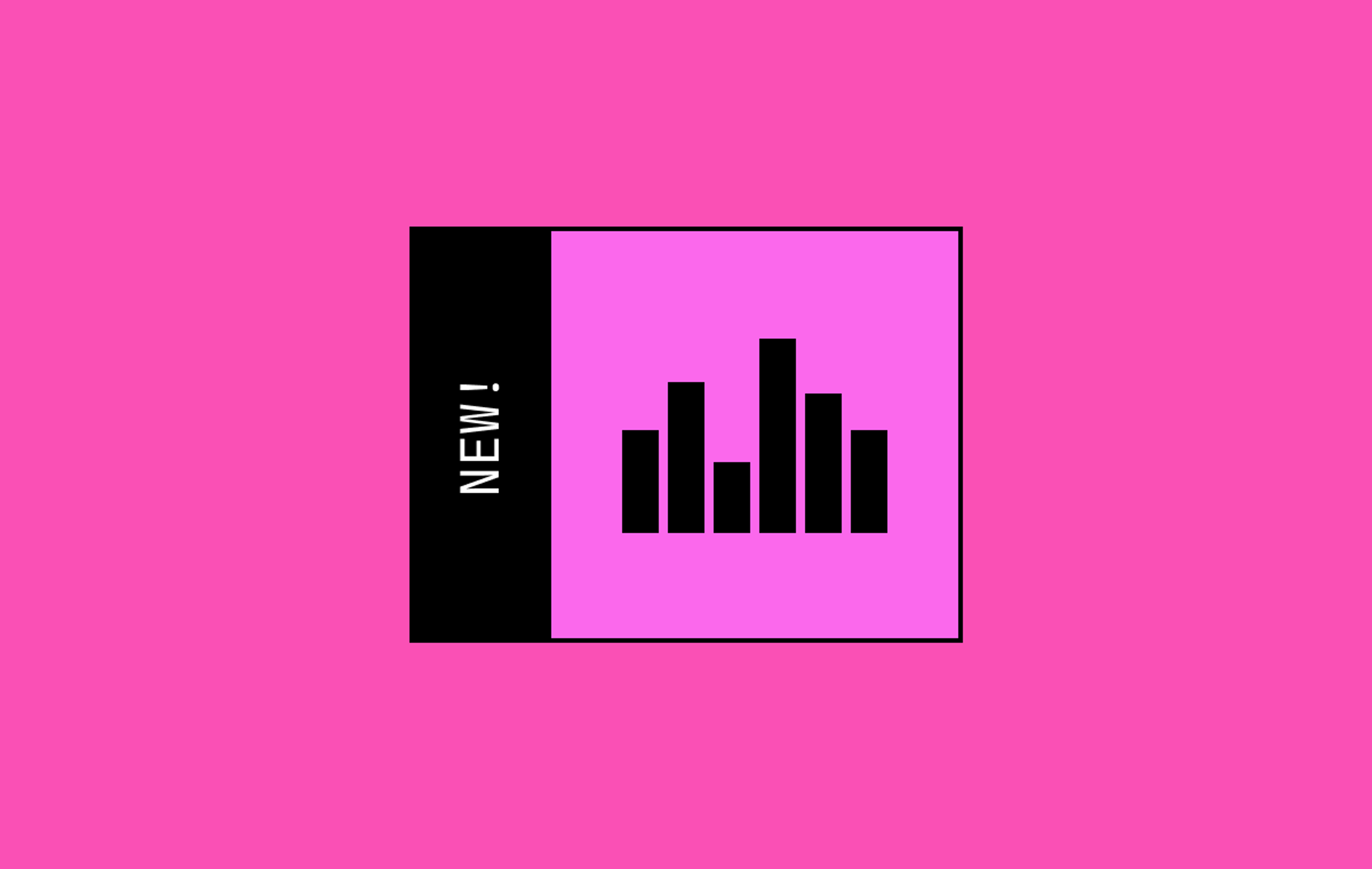 On a pink background, a bar chart with new next to it.