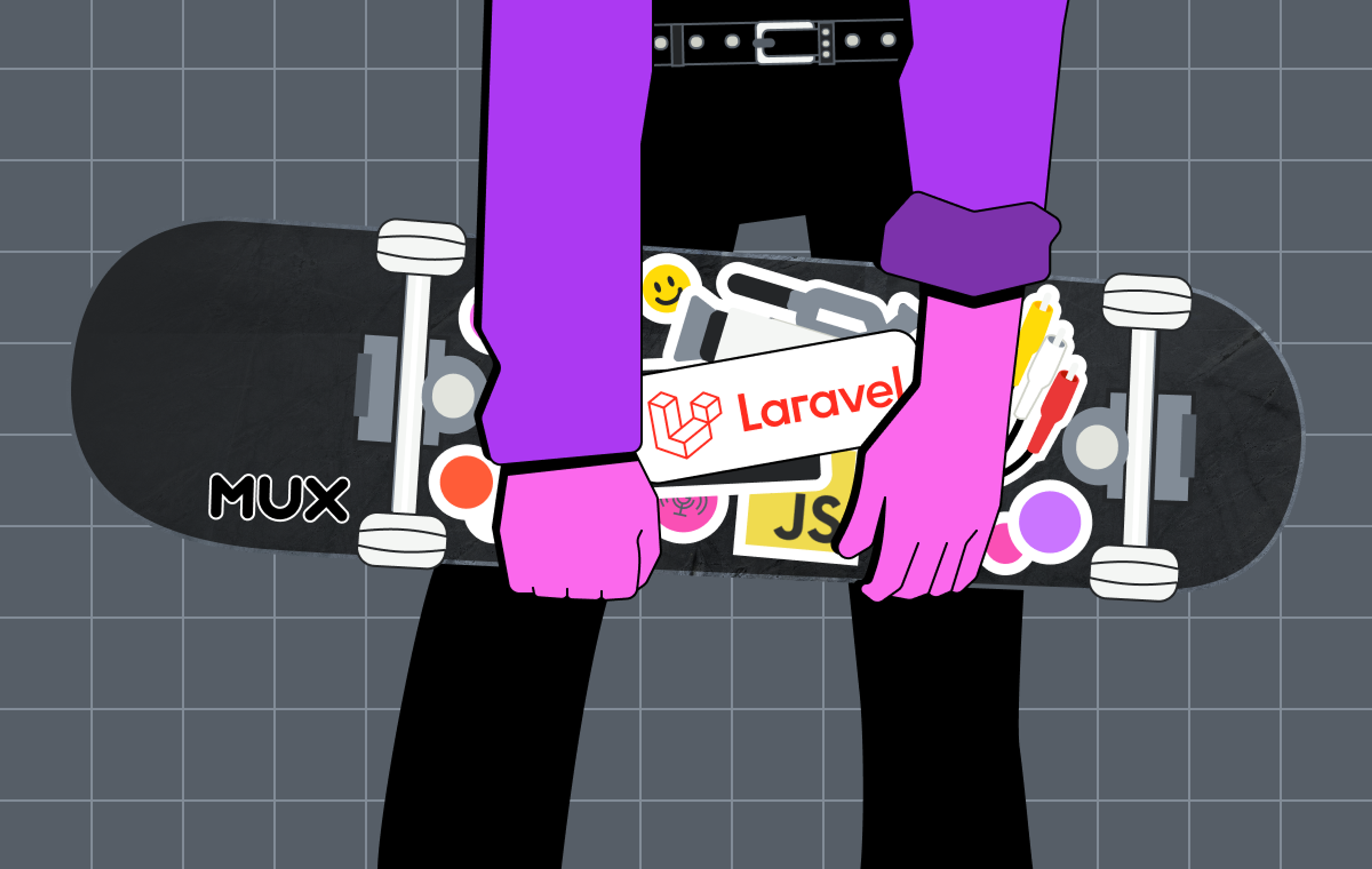 A person holding a skateboard with various tech-related stickers on it. The skateboard features the Mux and Laravel logos prominently, along with other stickers such as "JS" and a smiley face. The person's hands, colored in pink, are gripping the board, and they are dressed in a black outfit with a purple shirt. The background consists of a grid-like pattern.