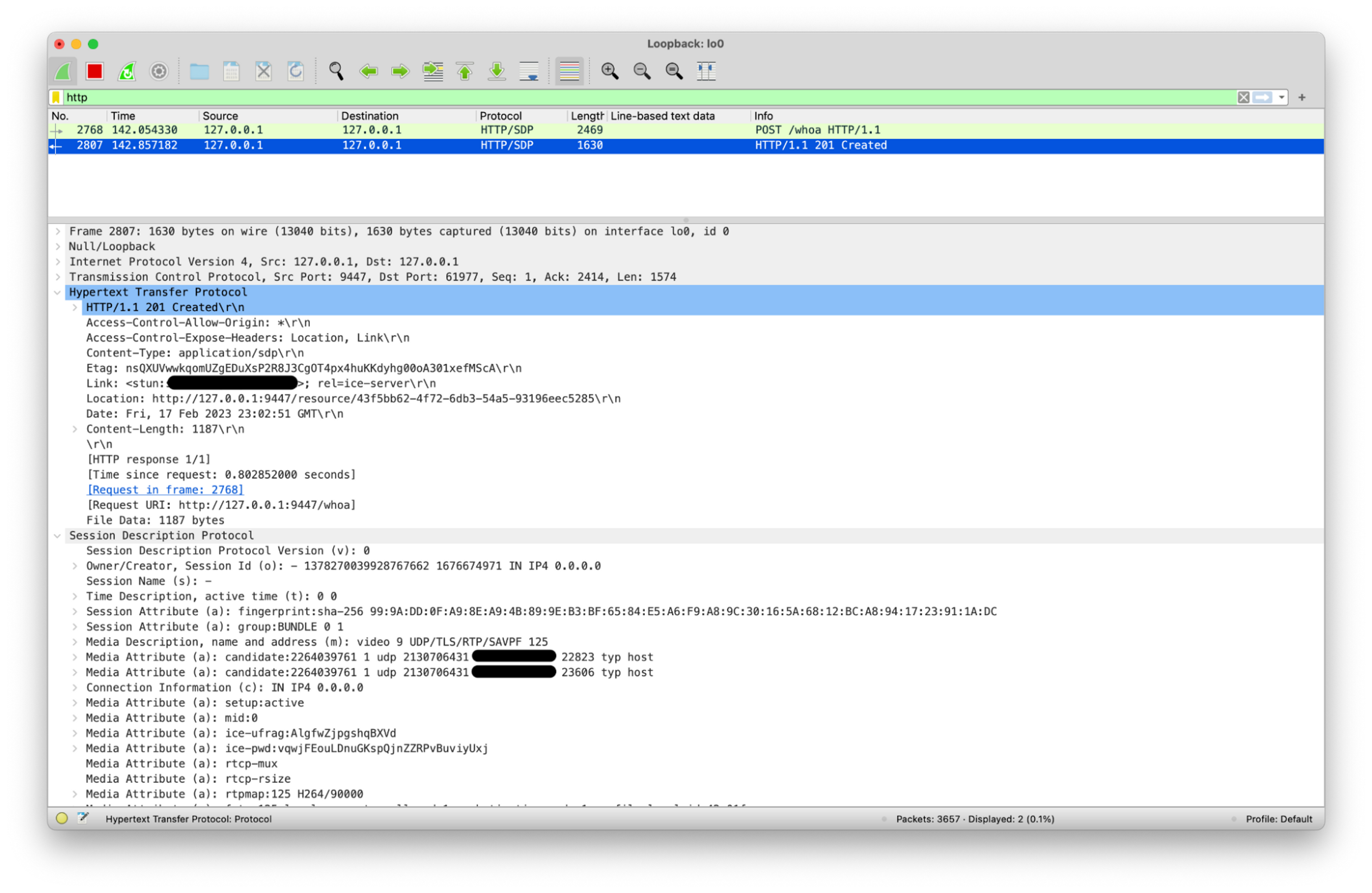 A screenshot showcasing the details of a network response from a WHIP endpoint