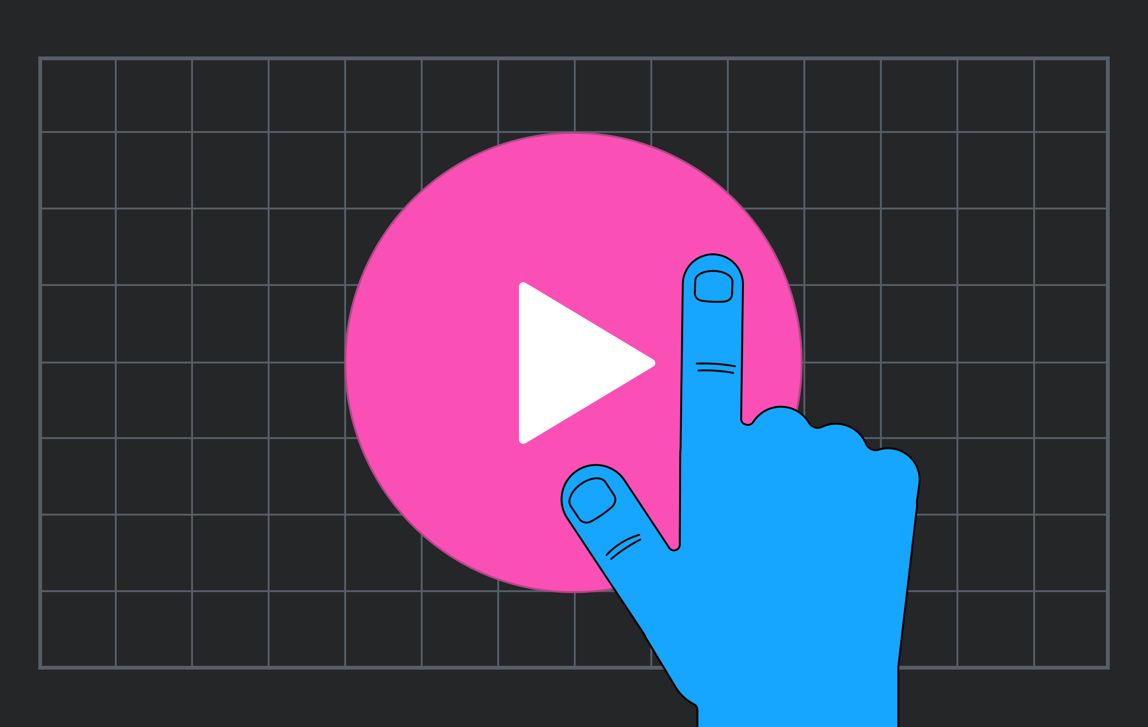 A digital image featuring a large pink play button symbol in the center with a blue hand pointing at it, all against a dark background with a grid pattern.