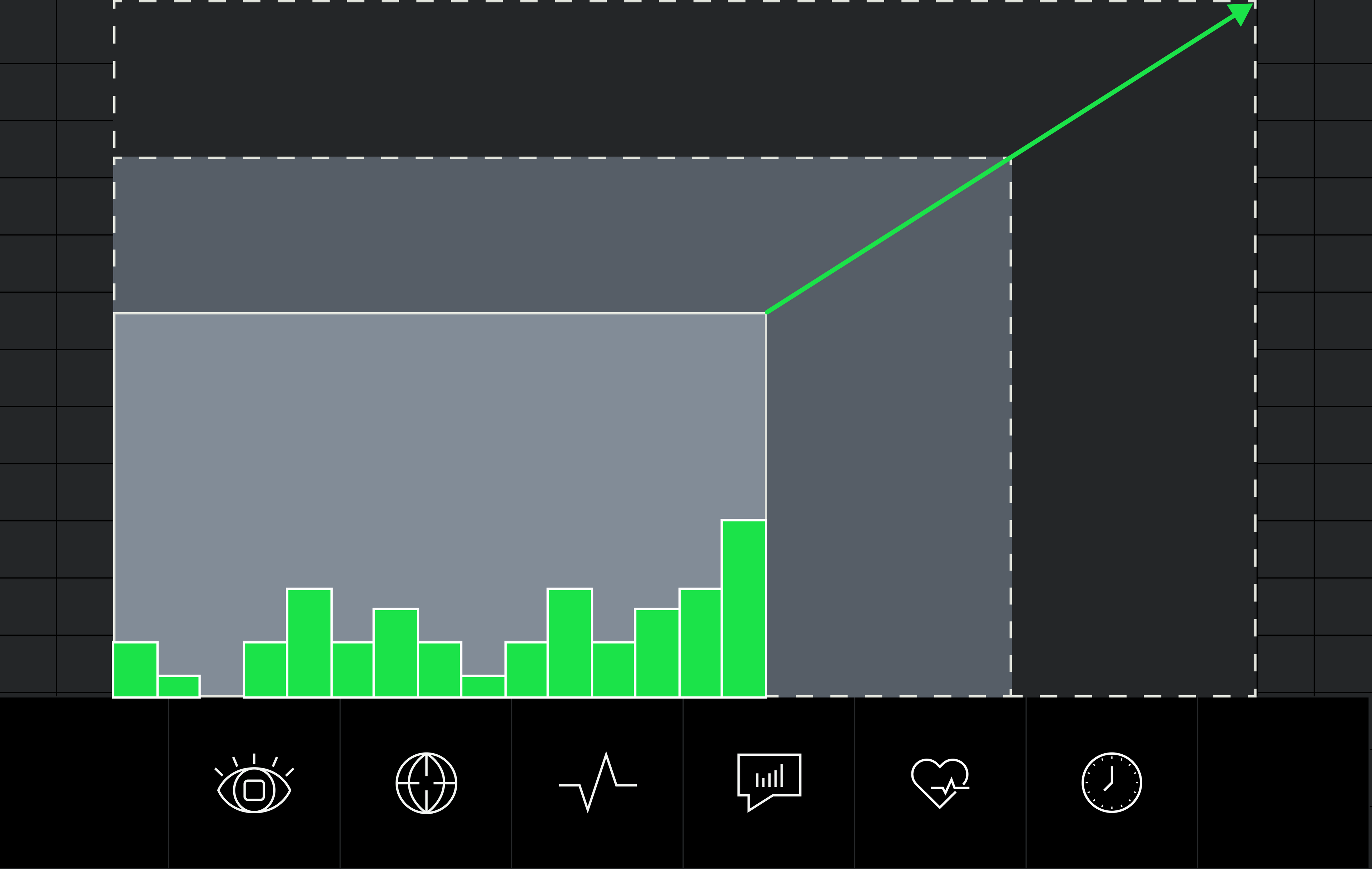 A design showing a green bar chart that continues to grow up and to the right