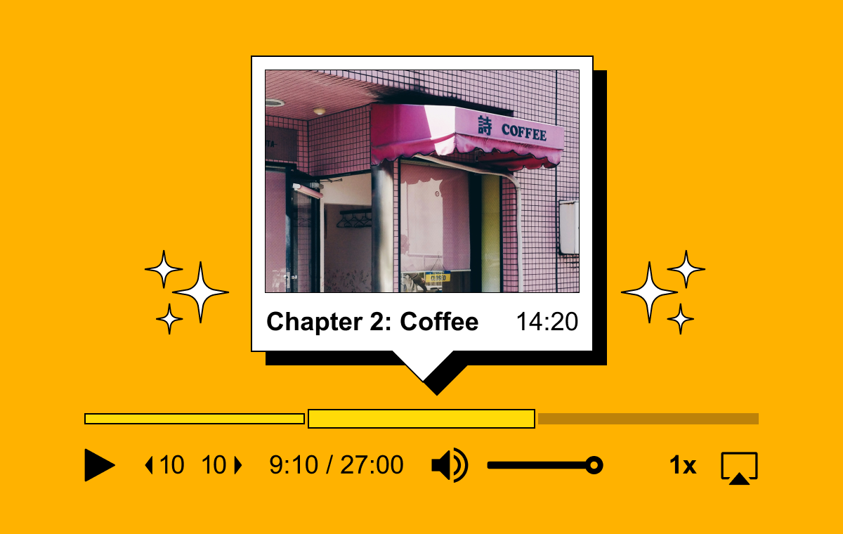 On a yellow background, an image depicting video chapters. Highlights "Chapter 2: Coffee".