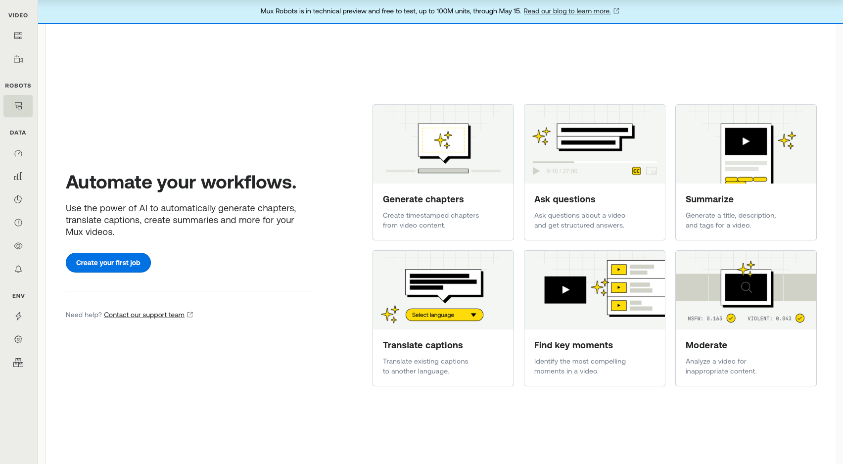 The Mux Robots section of the Mux dashboard, showing six available workflow cards: Generate chapters, Ask questions, Summarize, Translate captions, Find key moments, and Moderate.