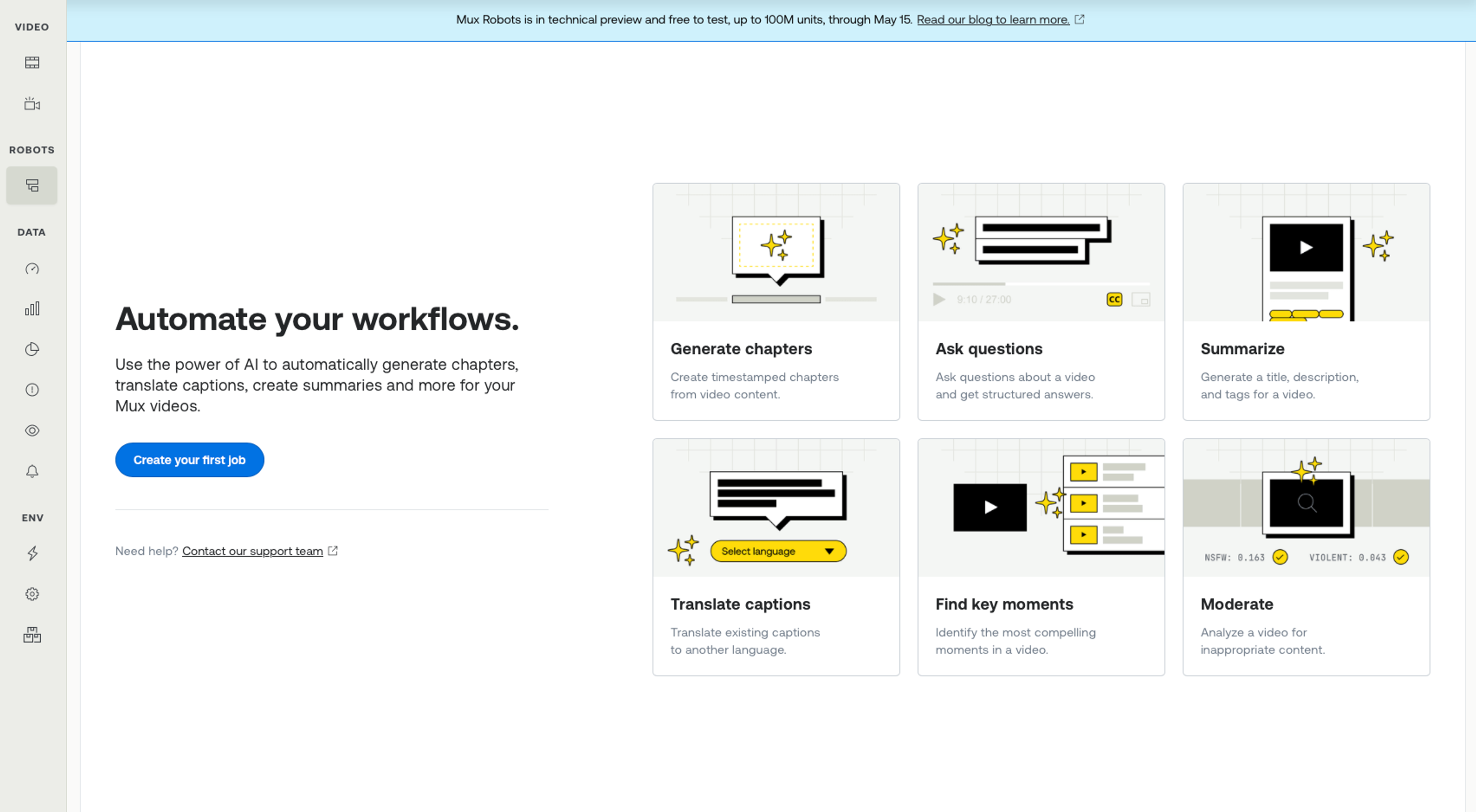 The Mux Robots section of the Mux dashboard, showing six available workflow cards: Generate chapters, Ask questions, Summarize, Translate captions, Find key moments, and Moderate.