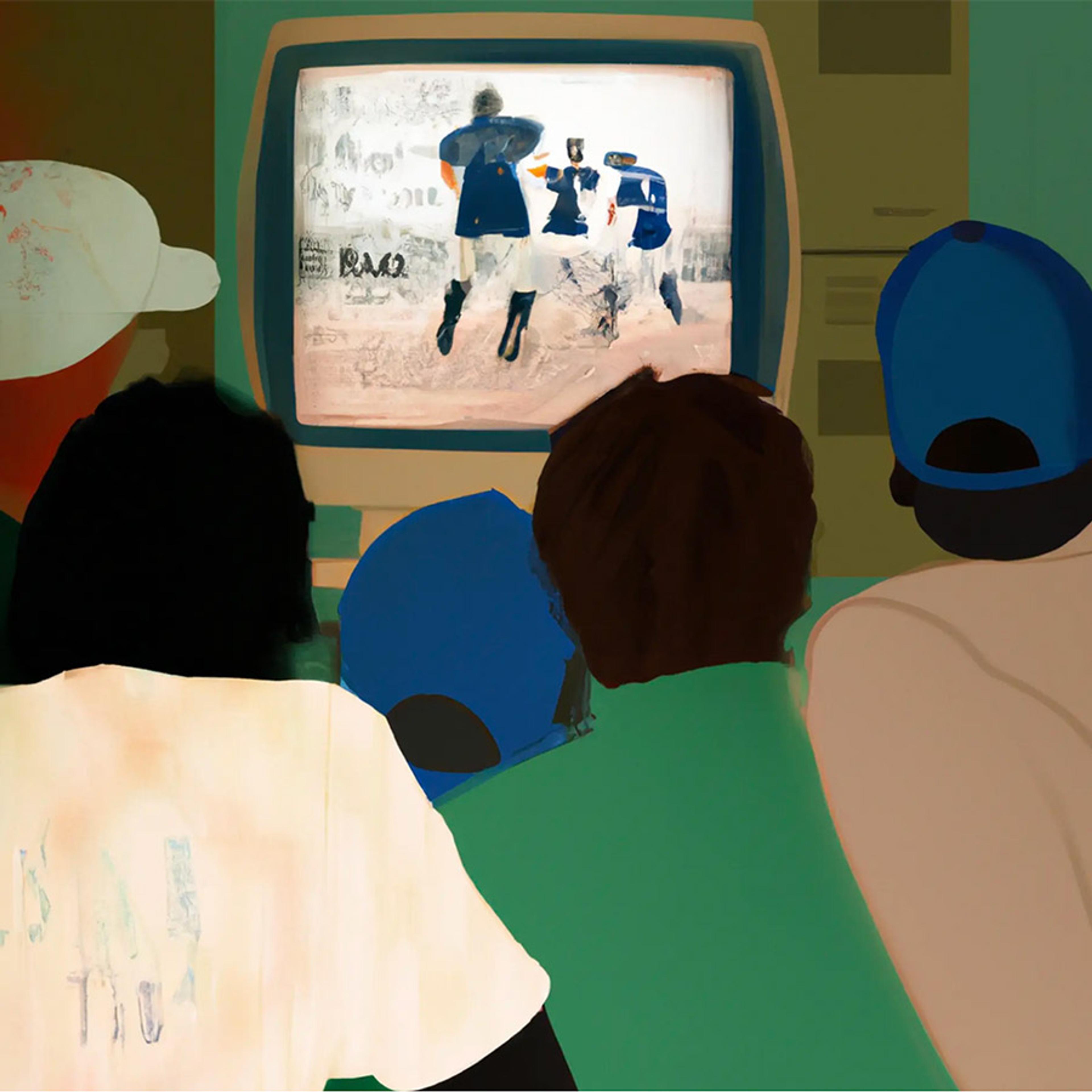 Set in the 2000s, a rear view of a group of baseball fanatics, huddled around a computer, watching a baseball game, abstract art