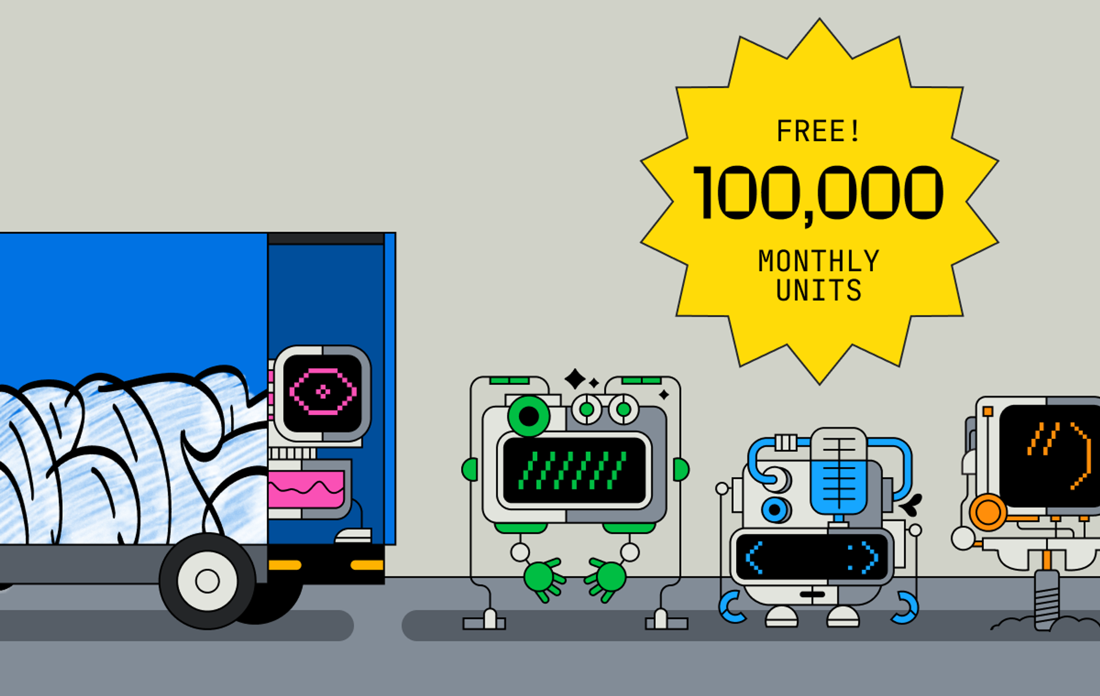 Illustration of a delivery truck unloading a lineup of colorful Mux Robots characters, next to a yellow starburst badge reading 'FREE! 100,000 MONTHLY UNITS.