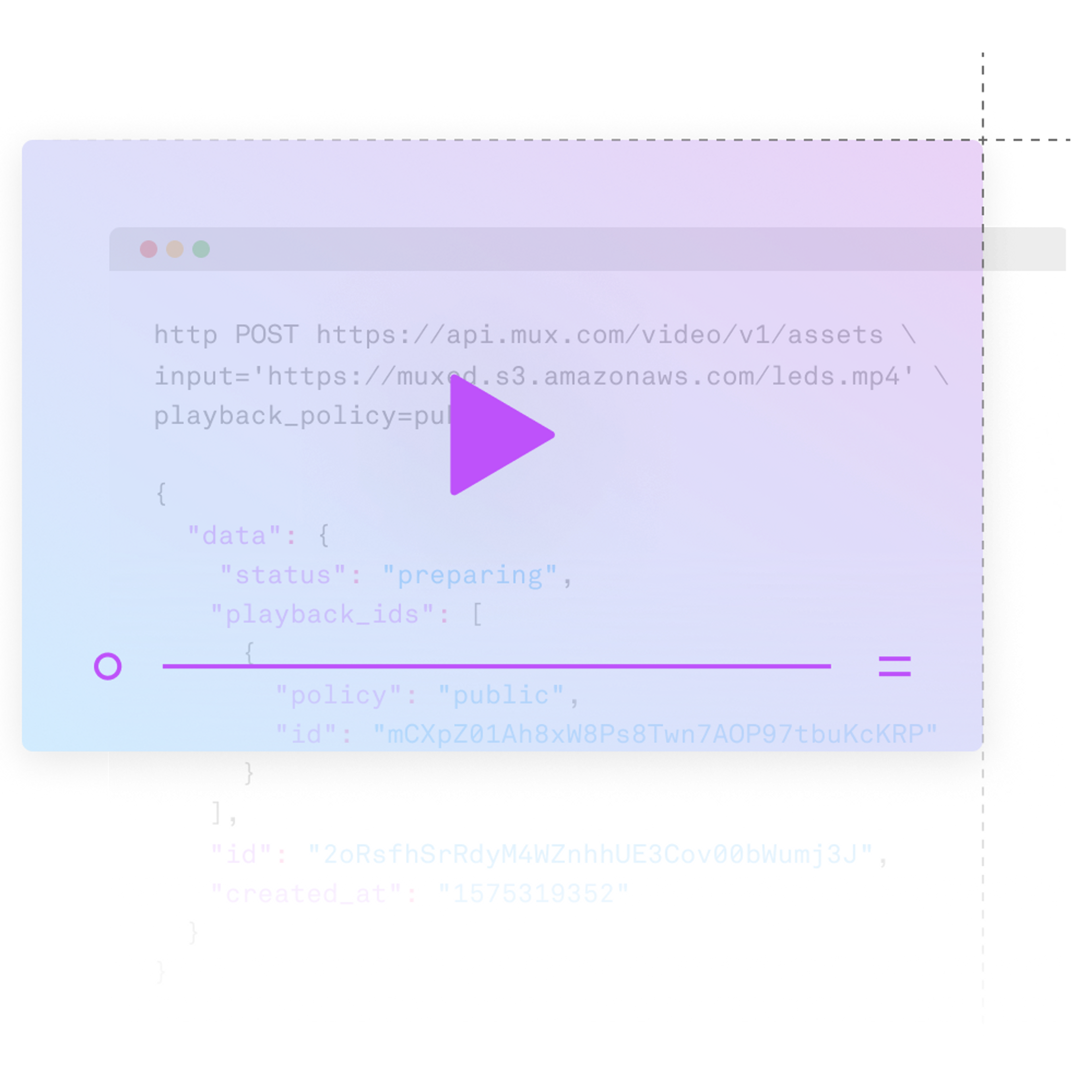 Transparent player with play button overlaid on a document with Mux API code