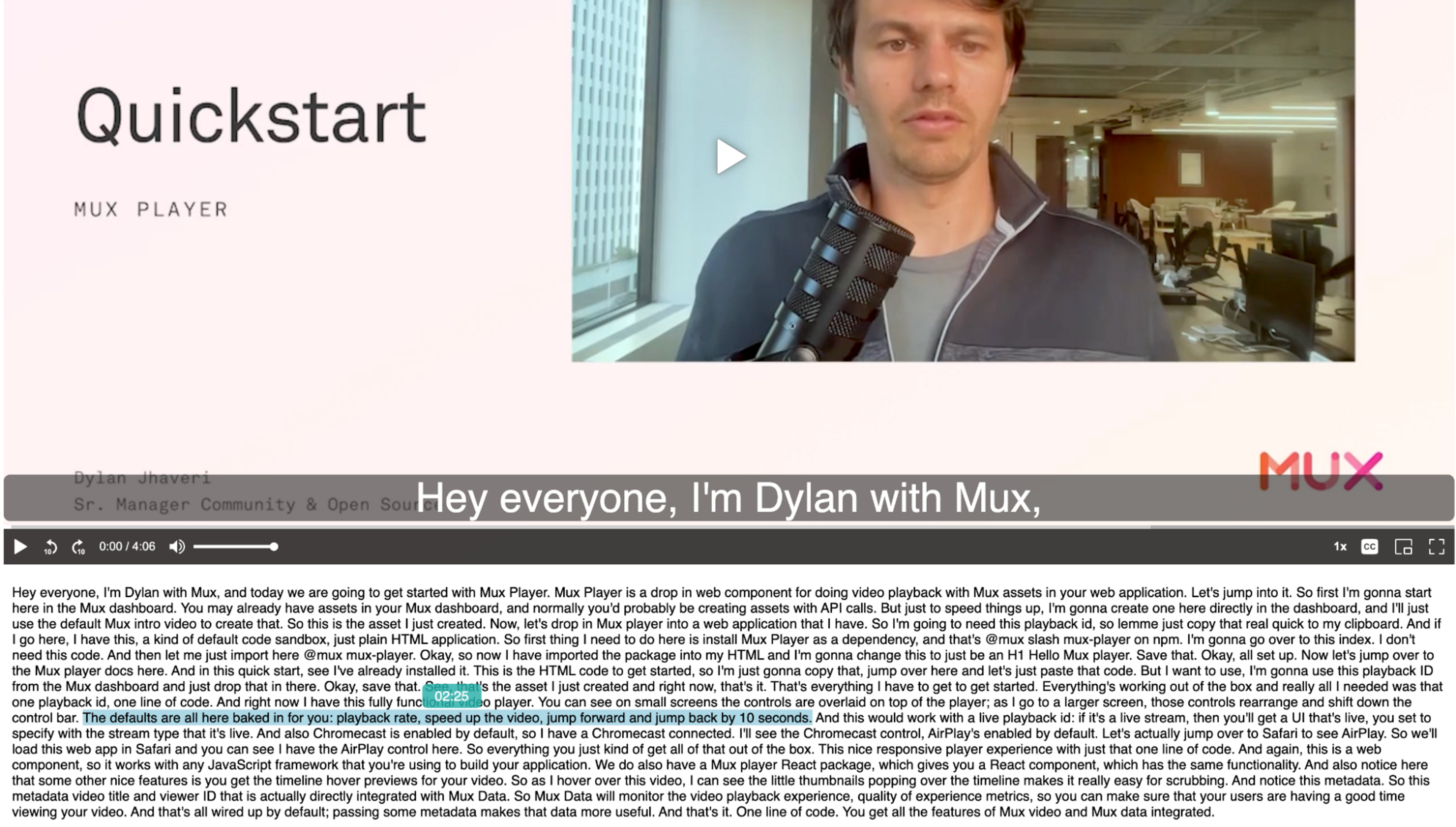 A screenshot of the updated app showing a video player and a transcript underneath it.