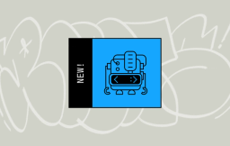 Illustration of a blue and black robot character on a doodle-patterned background with a 'New!' label.