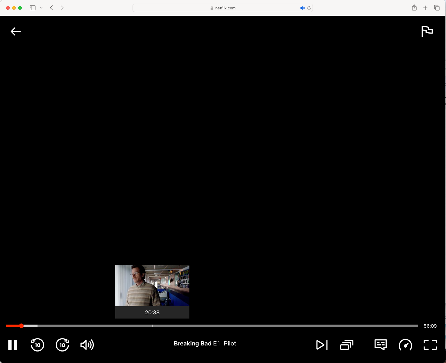 Netflix player showing breaking bad episode with blacked out screen due to DRM protection