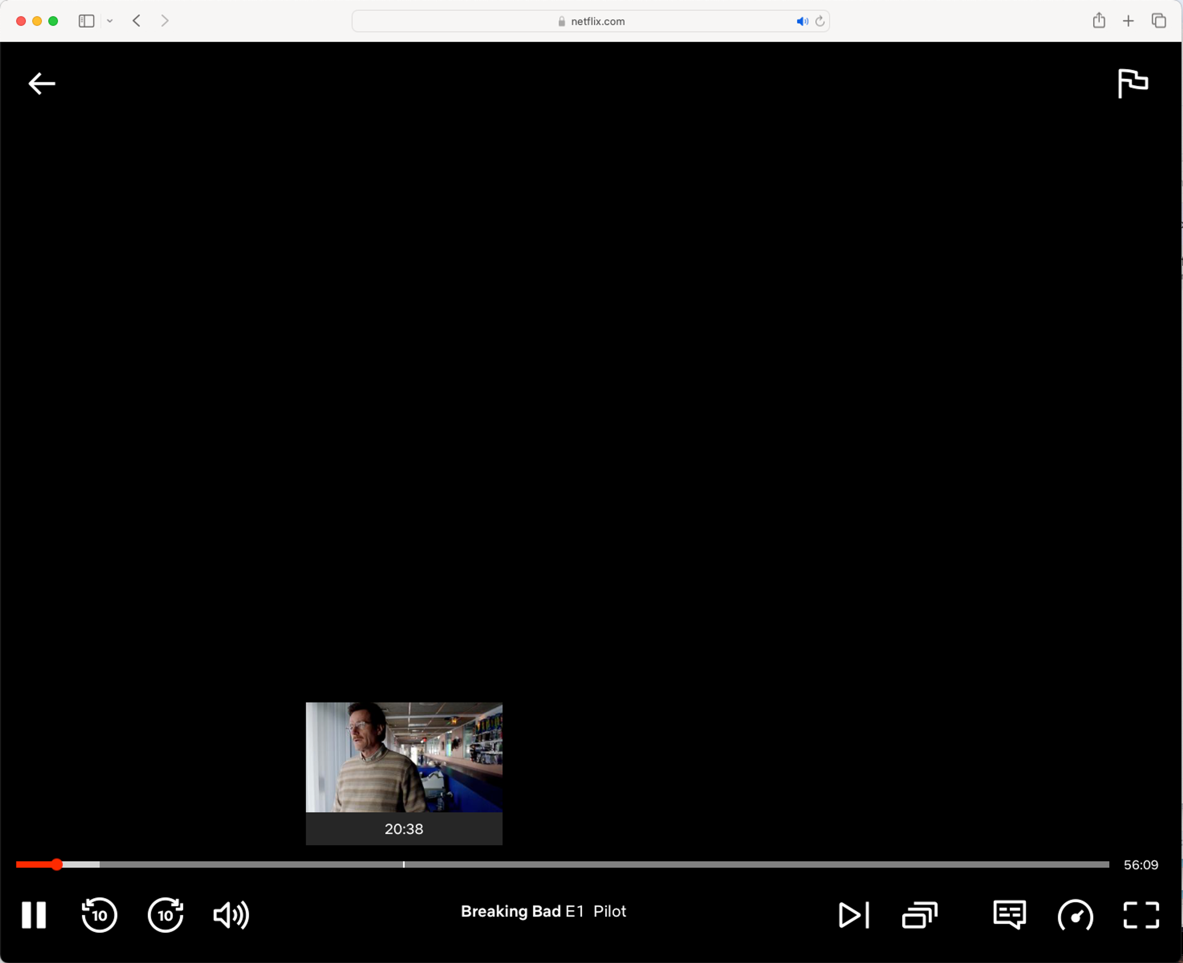 Netflix player showing breaking bad episode with blacked out screen due to DRM protection