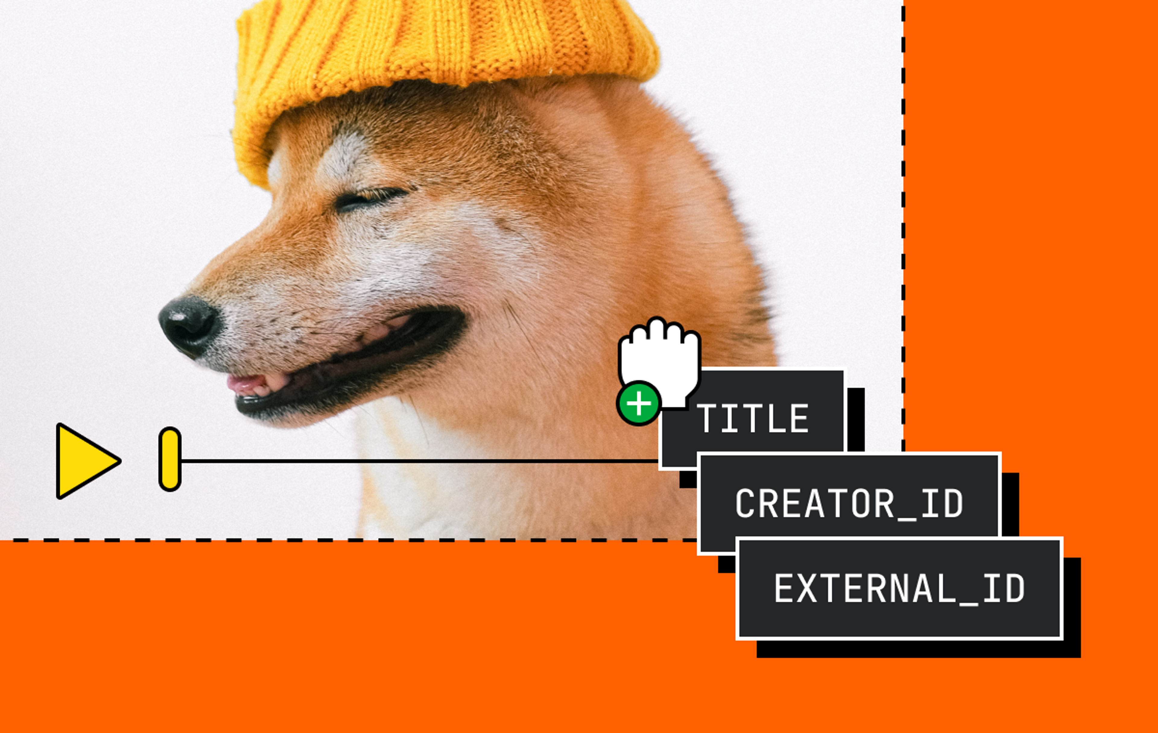 Video player with title, creator_id, and external_id floating above it