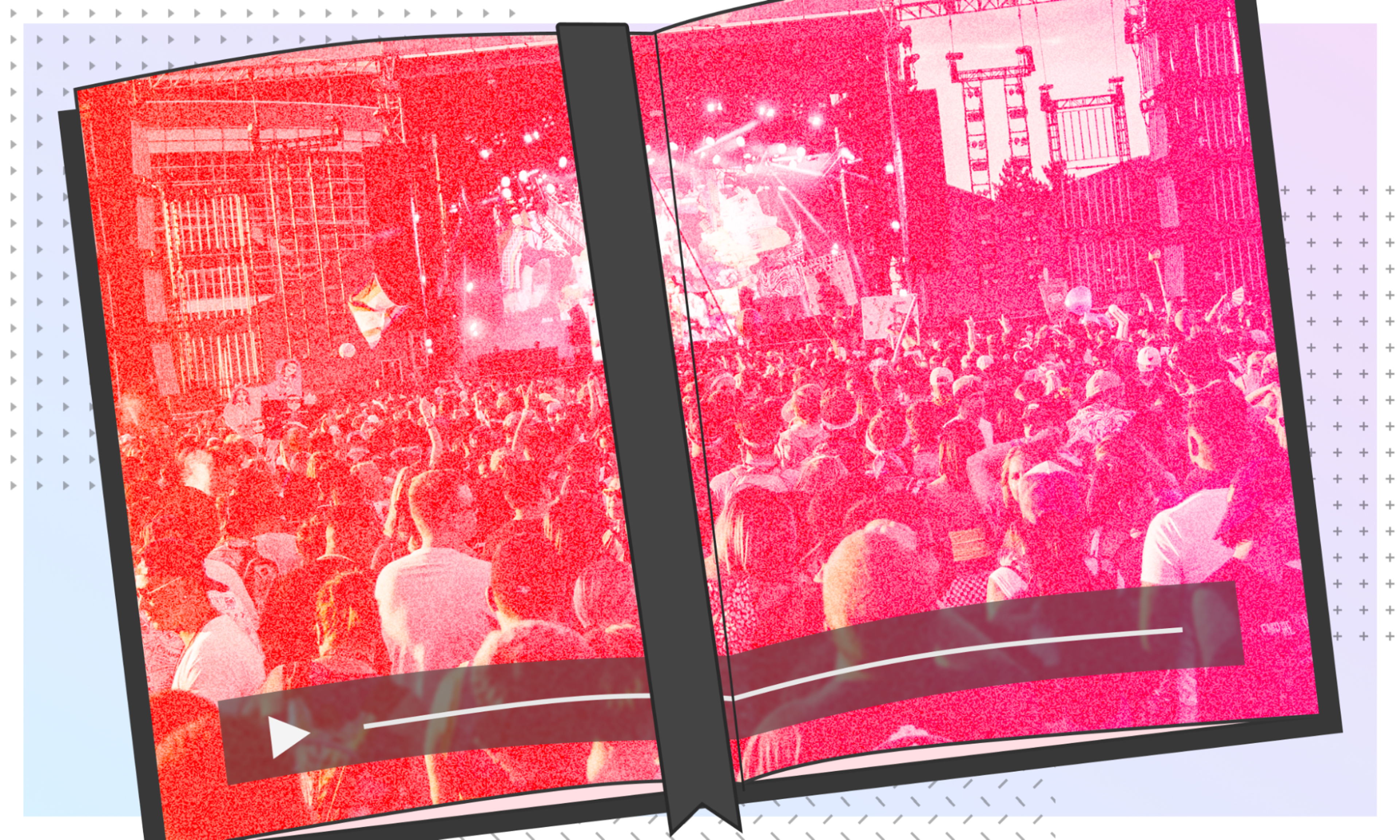 A picture of a book with a bookmark in it. The book contains a digital video with a playback bar at the bottom.