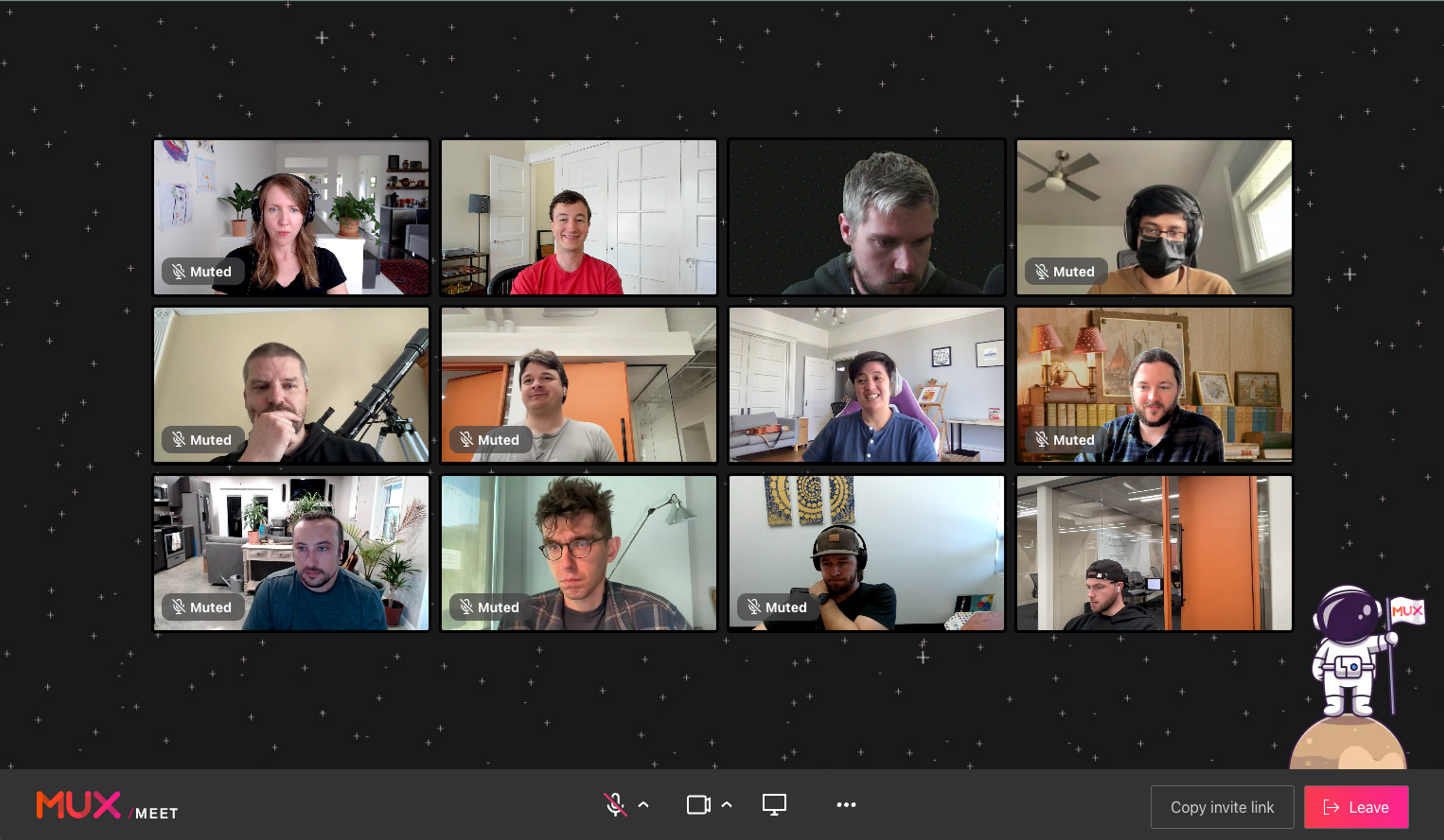 An updated screenshot of Mux Meet after being professionally designed. There are 16 participants in the example app's video conference.