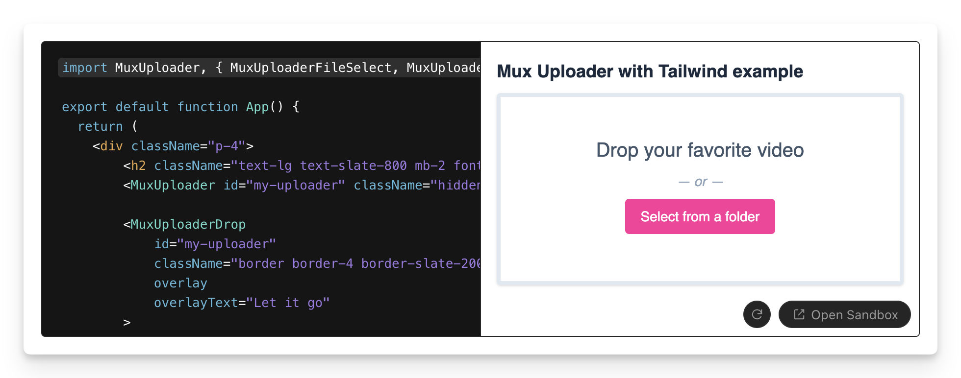 A screenshot of Mux Uploader example code, showing class names from the TailwindCSS library applying to each individual Mux Uploader component.