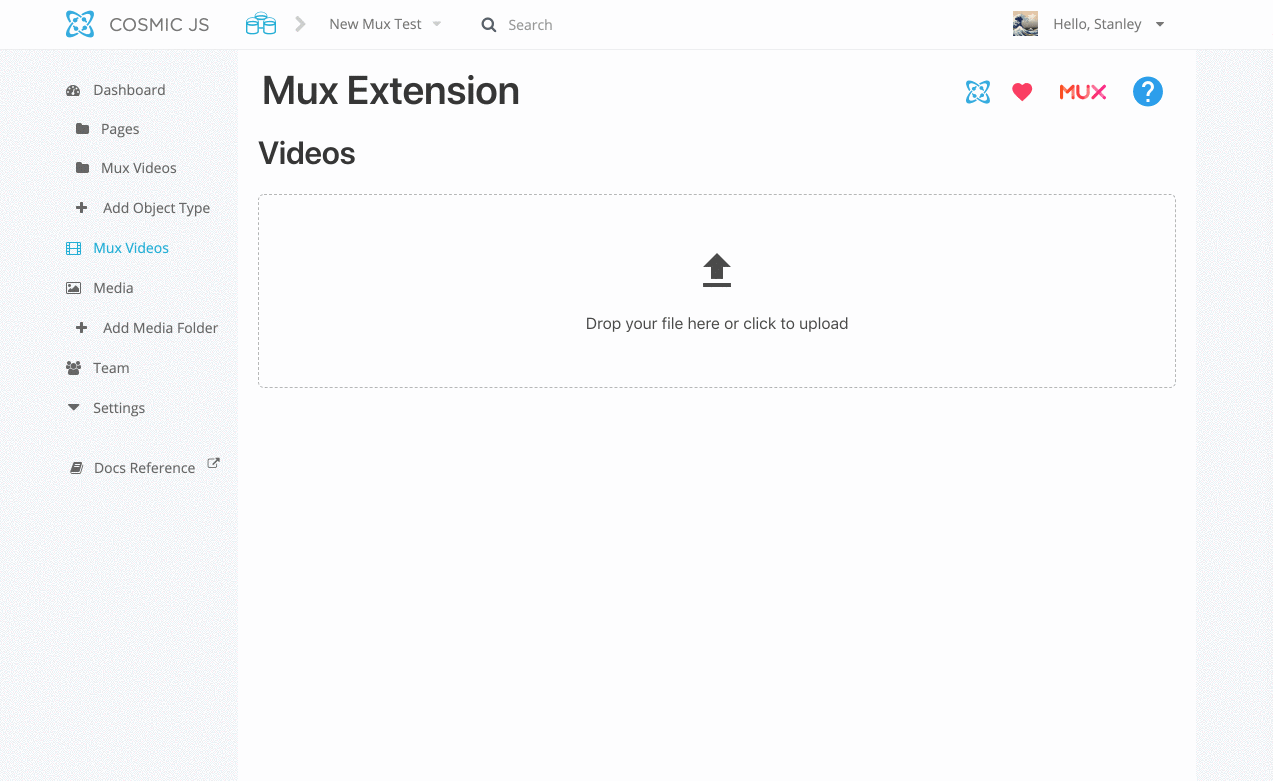 A giph of the Mux Video Extention with Cosmic.JS