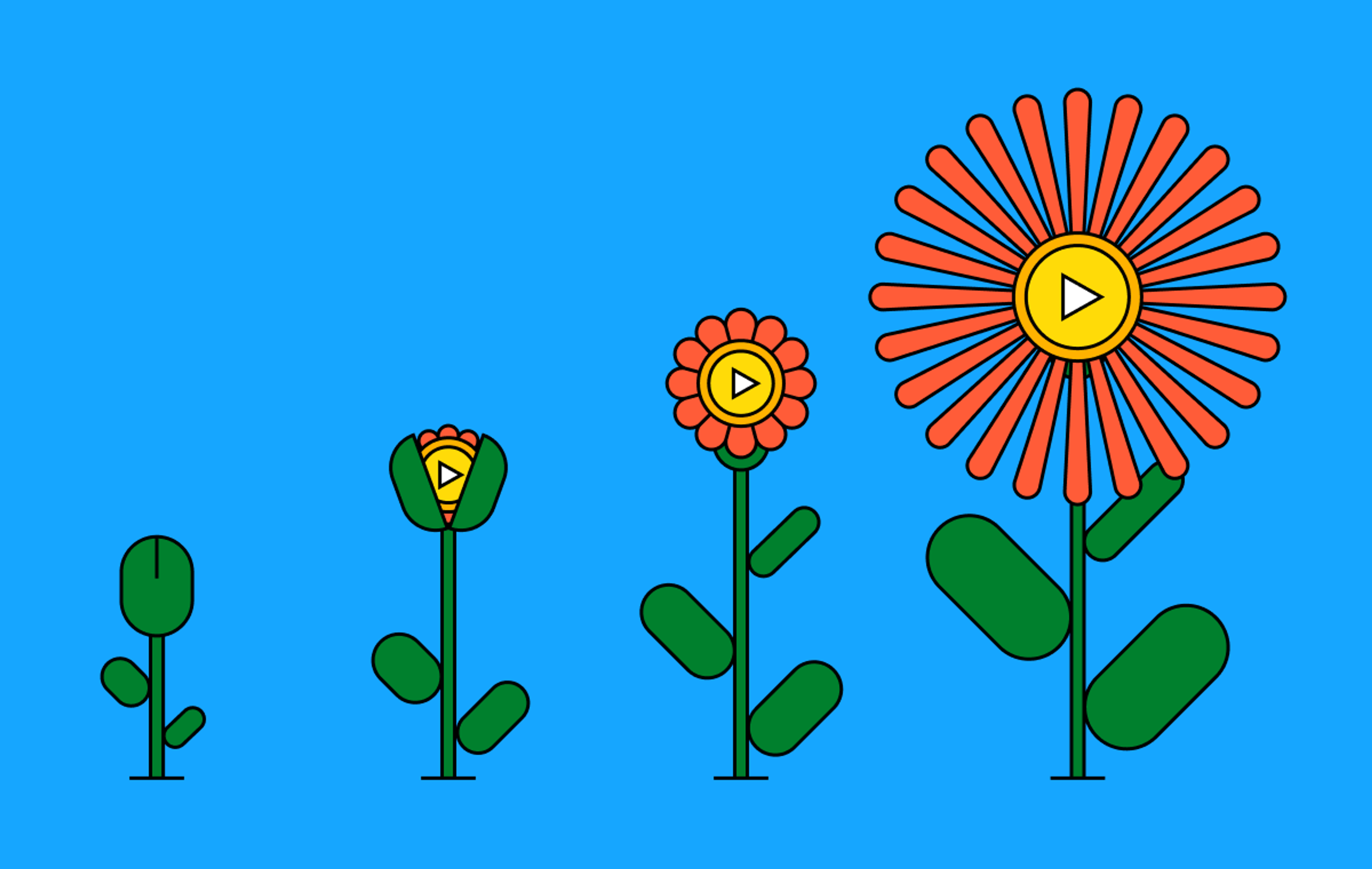 Growing flowers with a play button in the middle