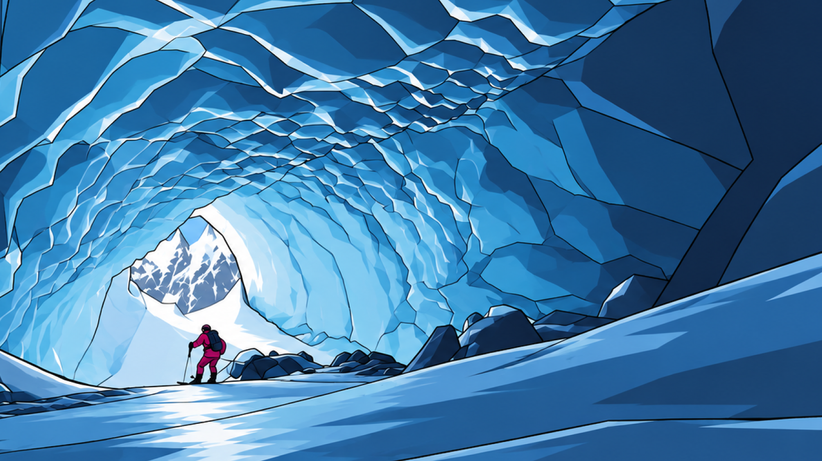 Skier in pink seen from behind, poles planted, skiing toward the mouth of an ice cave hung with icicles, a stone wall to their right.